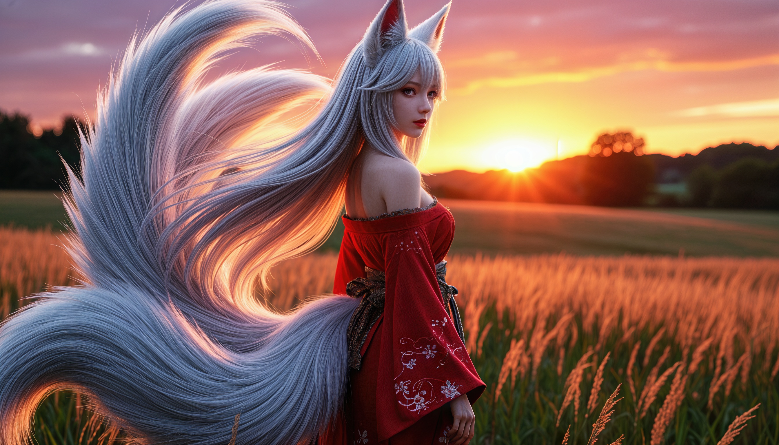 Бесплатное фото Девушка кицунэ с серебристыми хвостами и ушками на фоне заката.