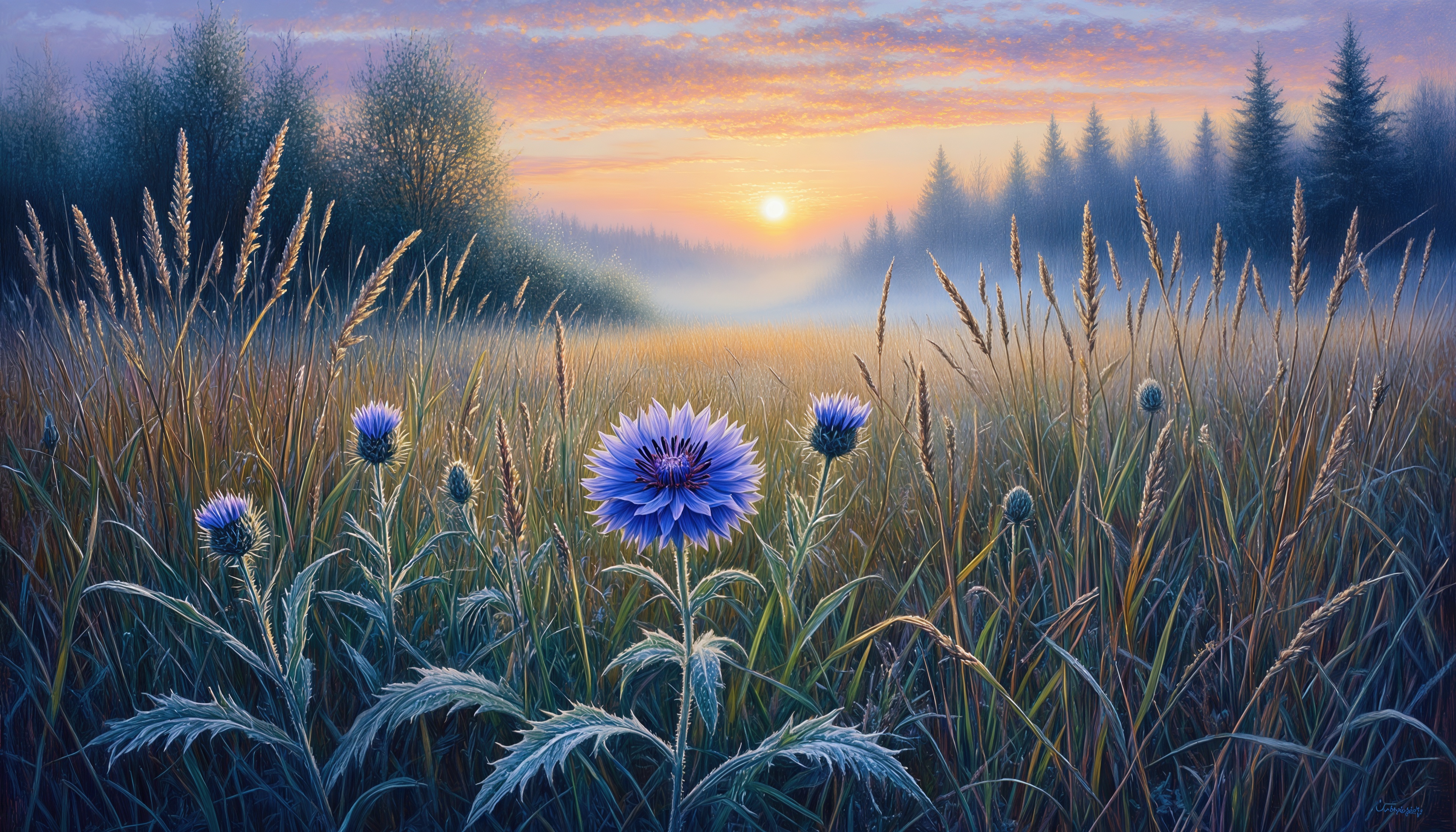 Бесплатное фото Рассвет над лугом: васильки в утренней росе, лес в дымке.