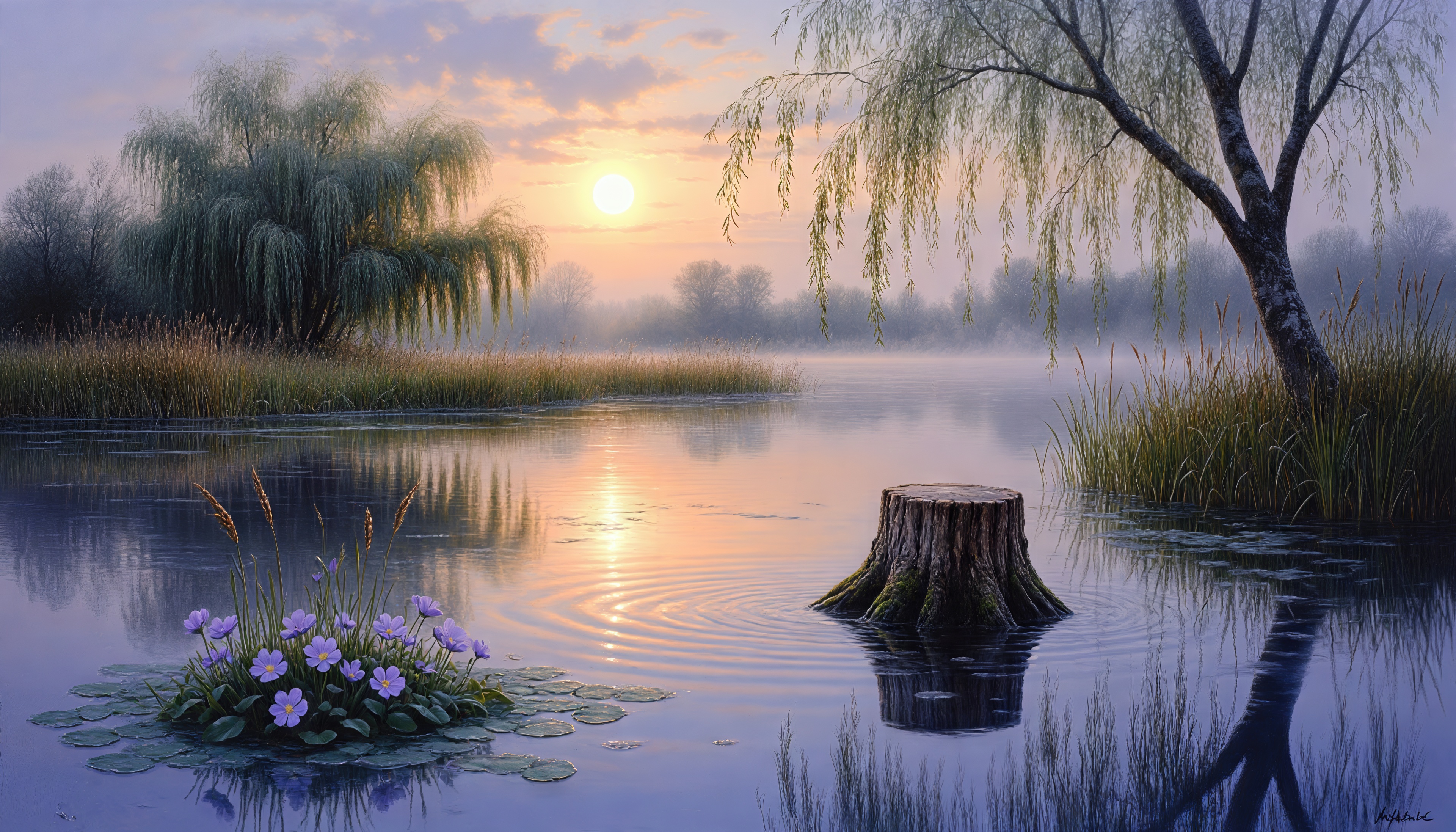 Бесплатное фото Рассвет над рекой: ивы, пень в воде, кувшинки с фиолетовыми цветами, лёгкий туман, мягкий свет солнца.