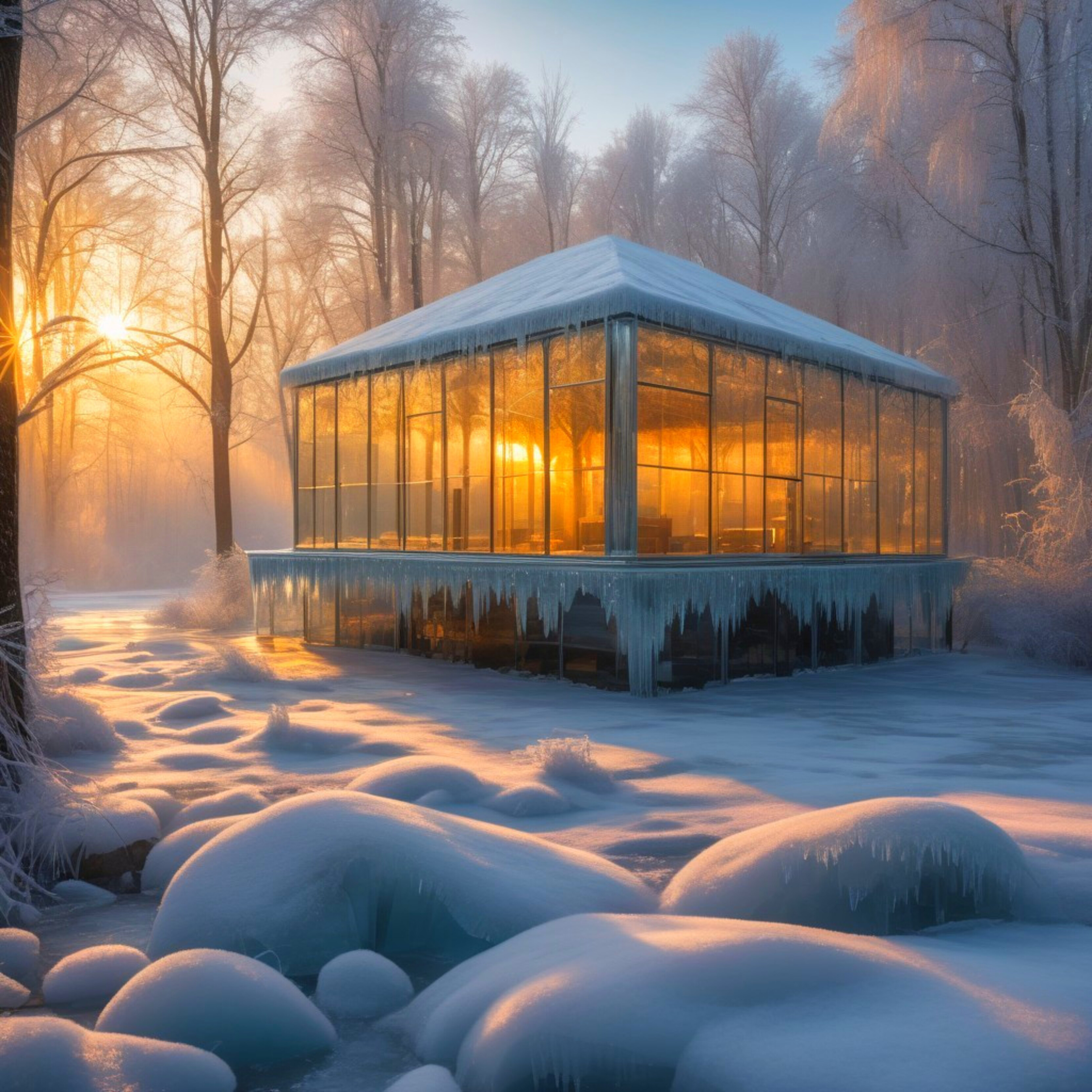 冬季黎明时分的小屋