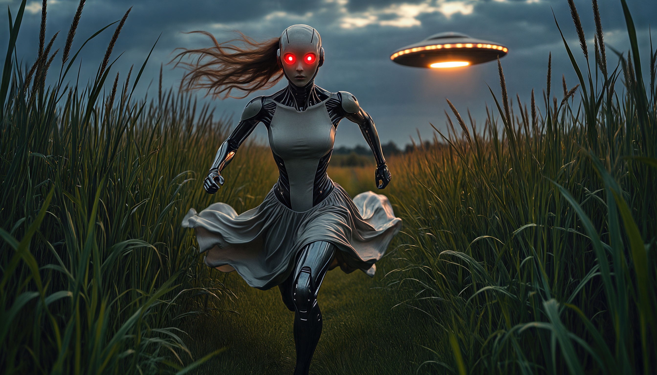 Free photo A biorobot with red eyes rushes across the field, followed by a UFO.
