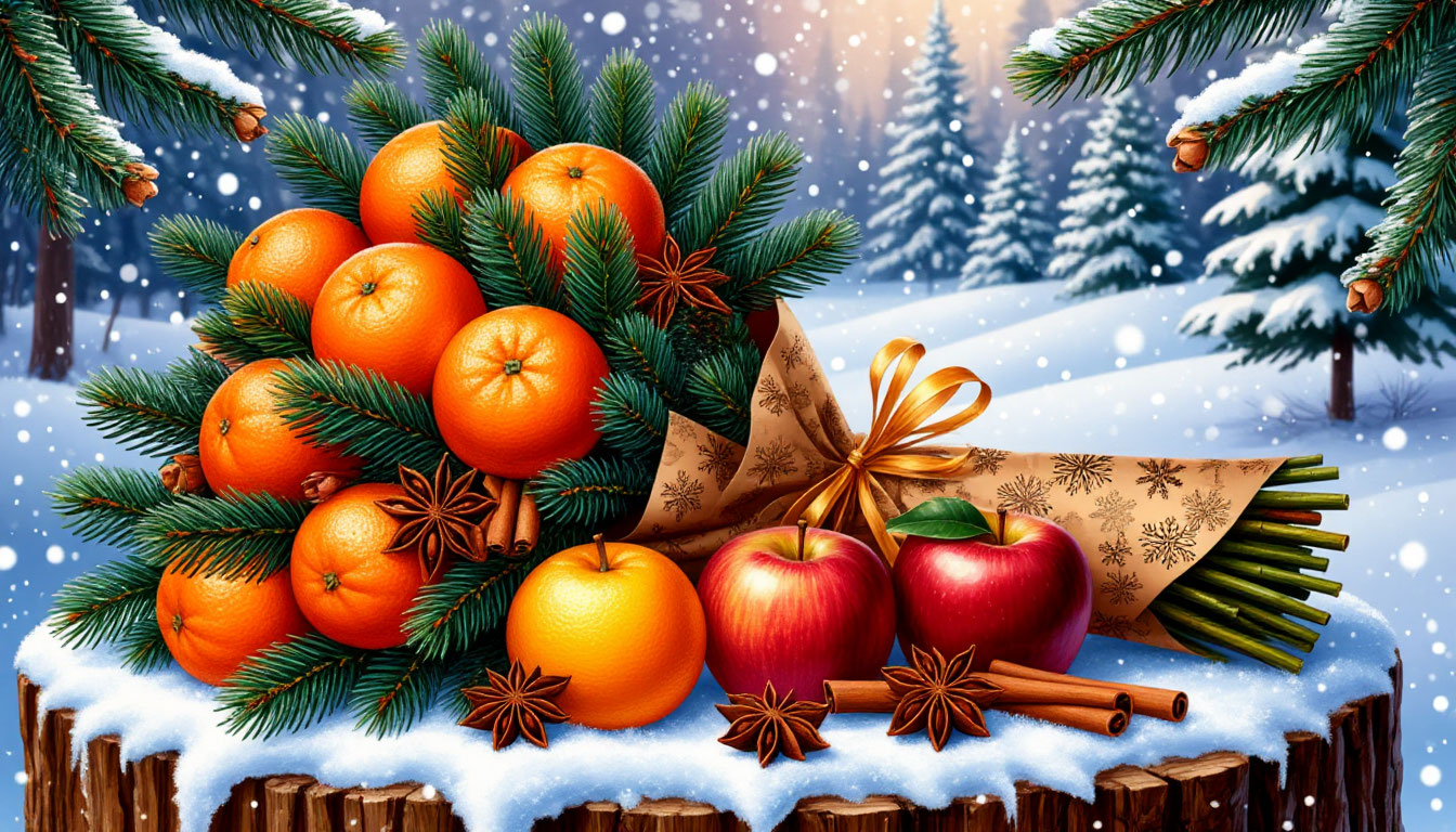 Бесплатная открытка Новогодний букет из мандарин.