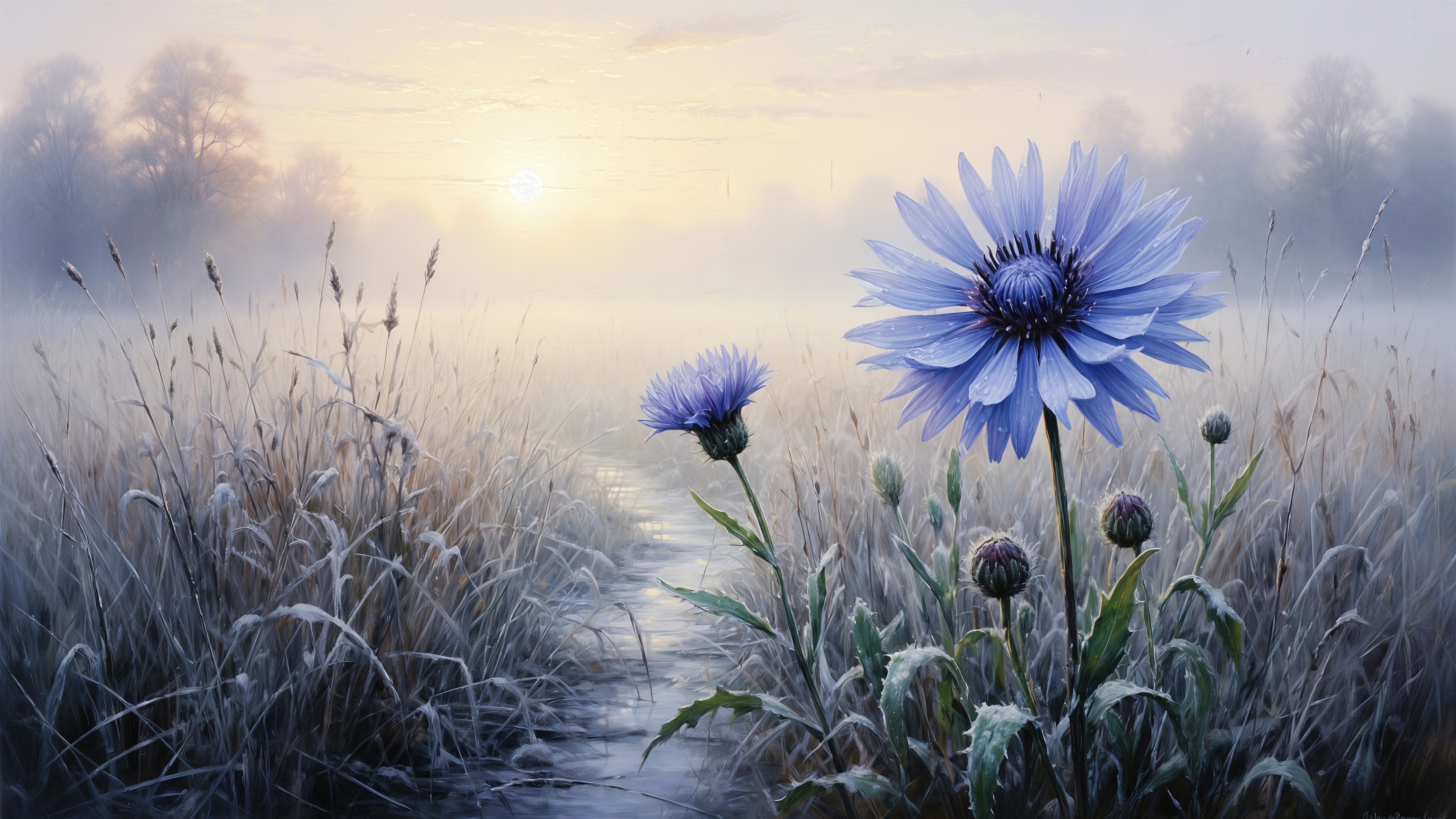 Wallpapers cornflowers field fog on the desktop
