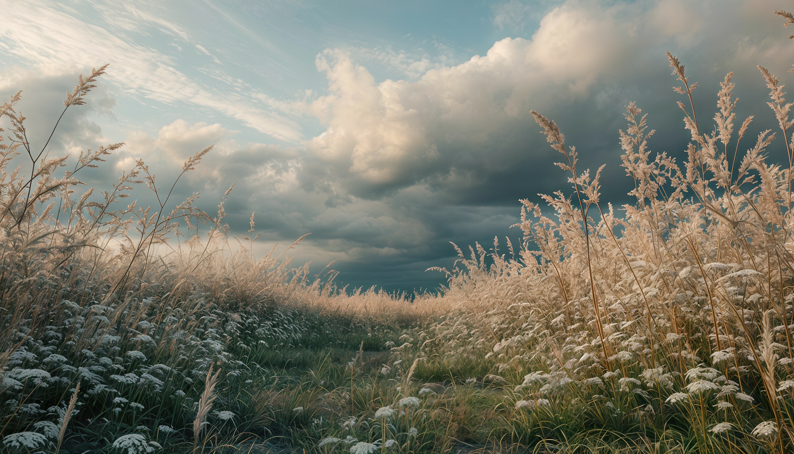 Бесплатное фото Поле с высокими сухими травами на фоне драматичного неба с облаками.