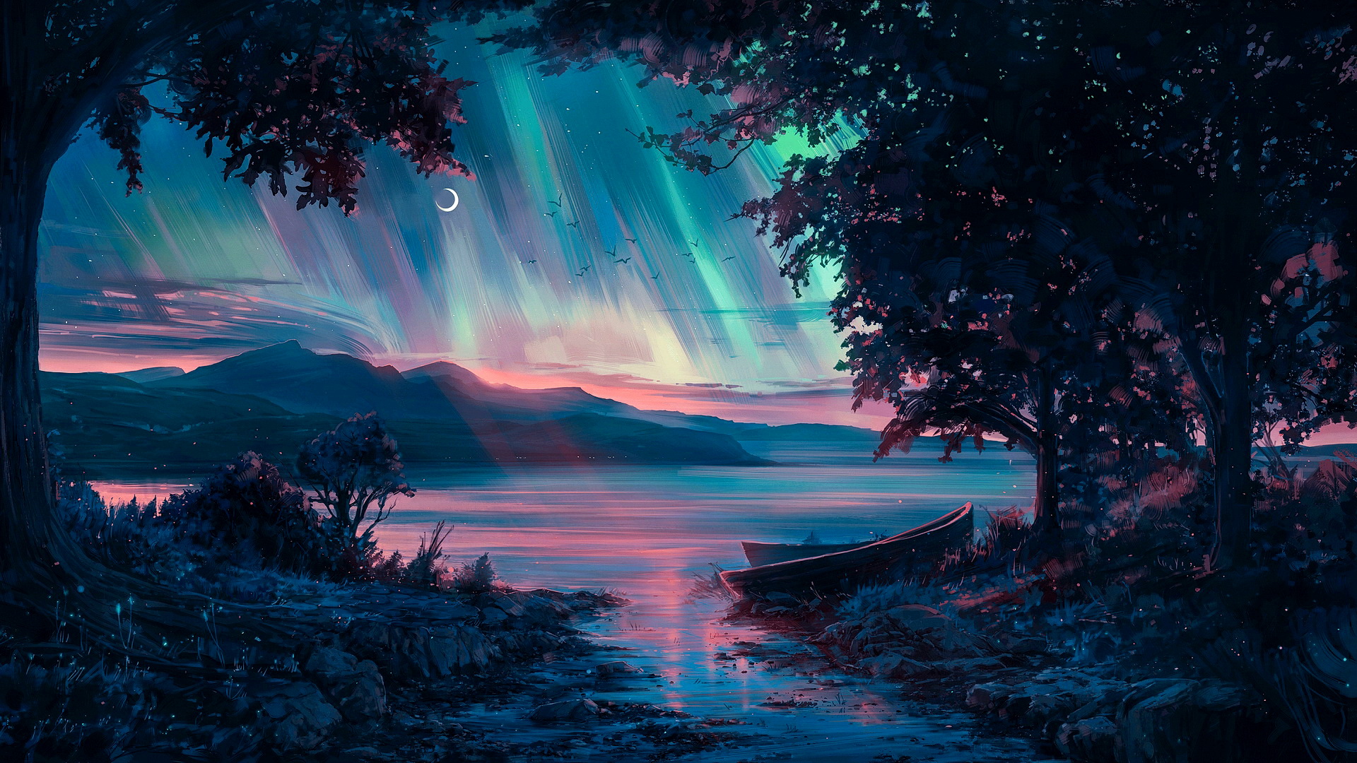 Рисунок ночной пейзаж лодки у реки