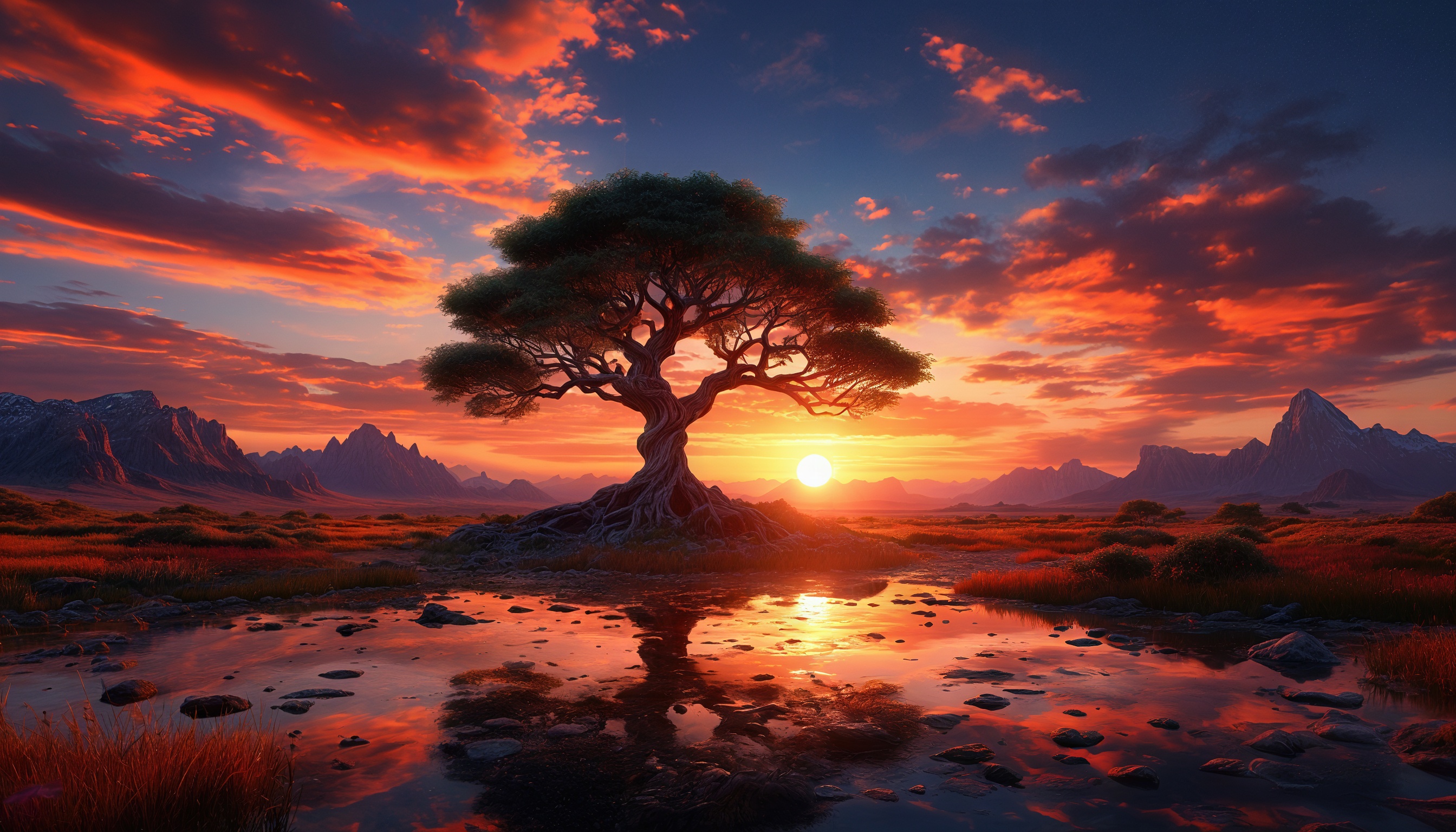 Закат над водоемом с отражением солнца и облаков, дерево на берегу и горы на горизонте.