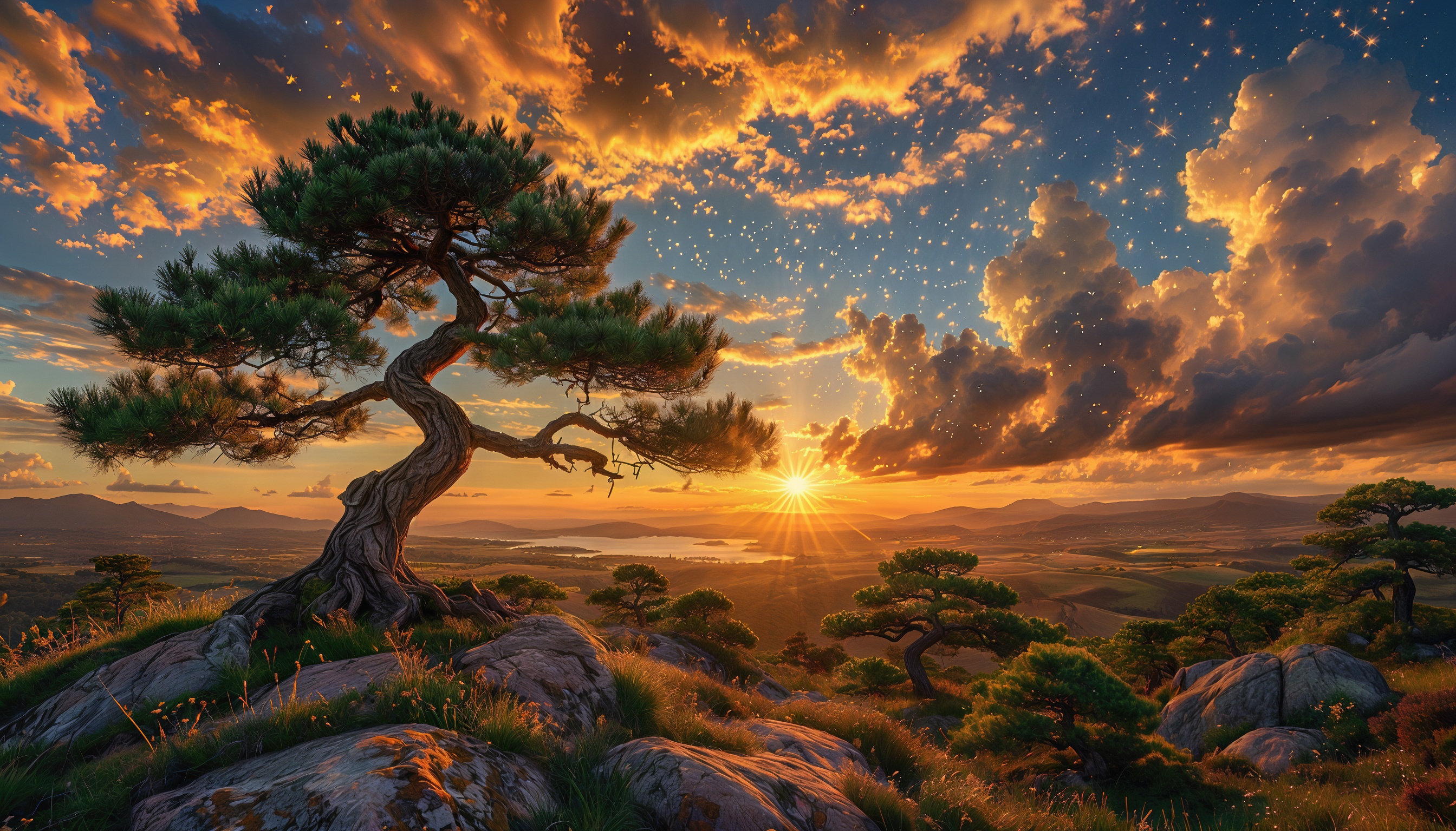 Бесплатное фото Закат над горами с деревьями на переднем плане и лучами солнца на фоне.