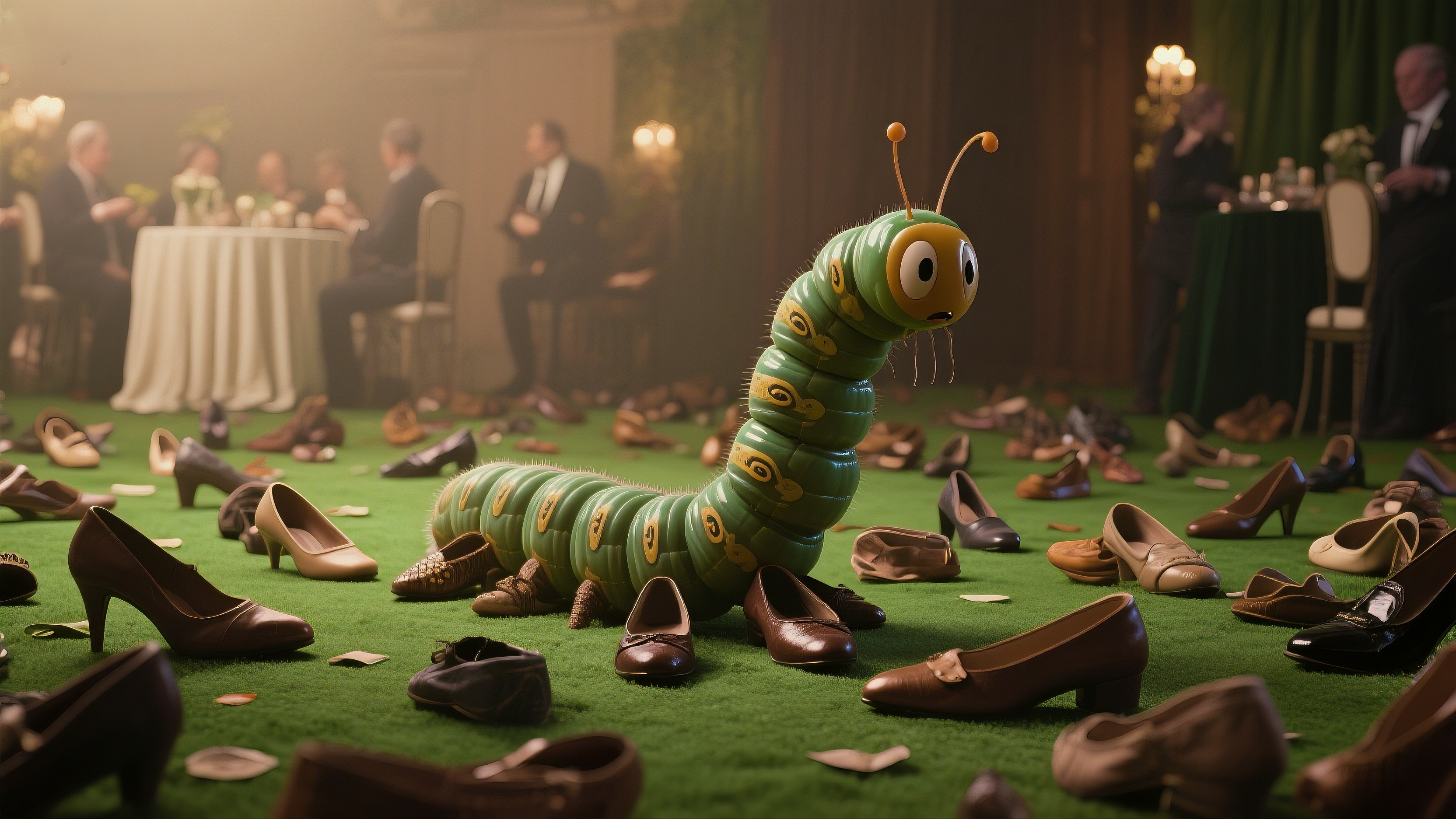 A caterpillar in the middle of a field full of shoes