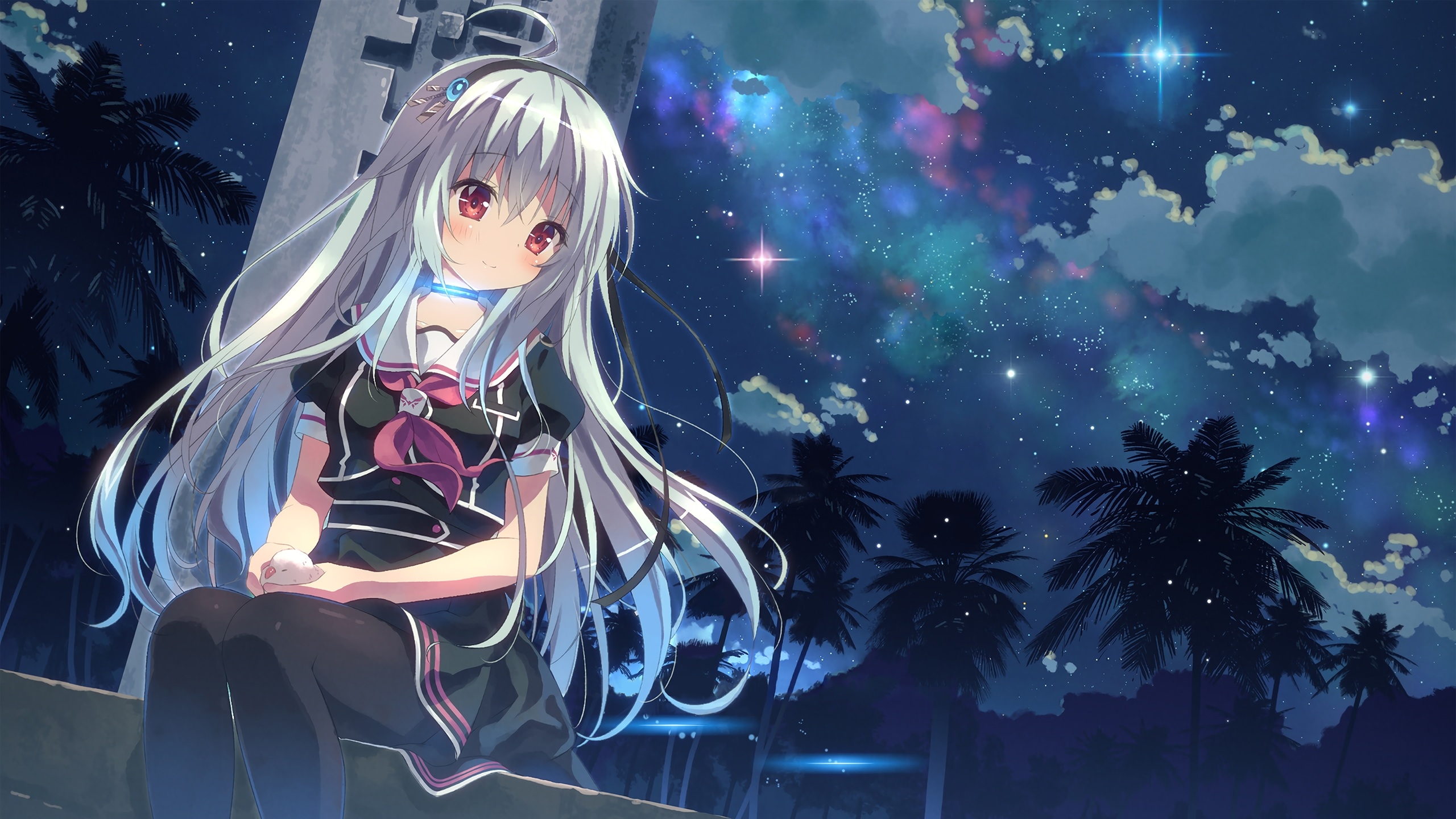 Anime girl against the starry sky.
