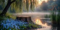 Утренний пейзаж: ива, пень, голубые цветы у спокойного озера.