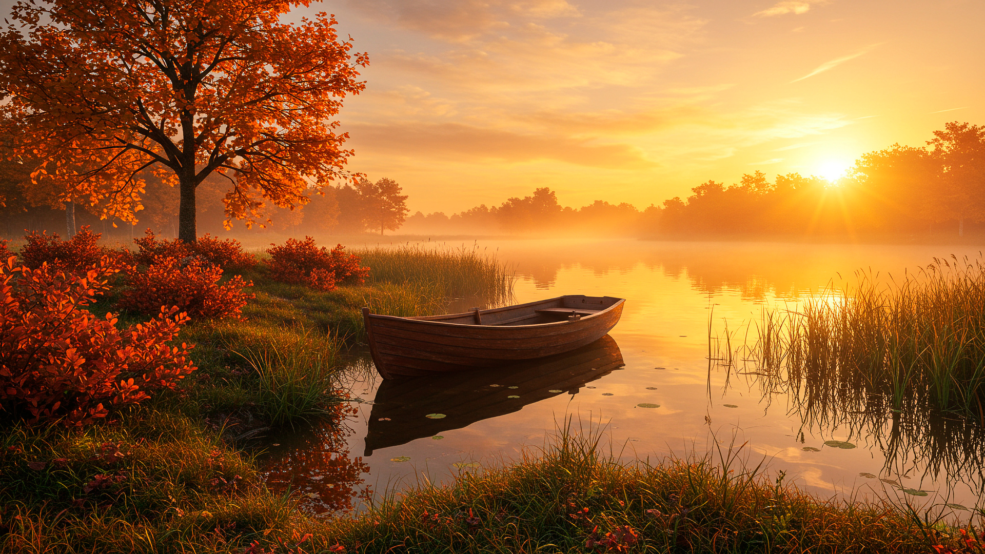 Бесплатное фото Яркий осенний пейзаж на озере с лодкой