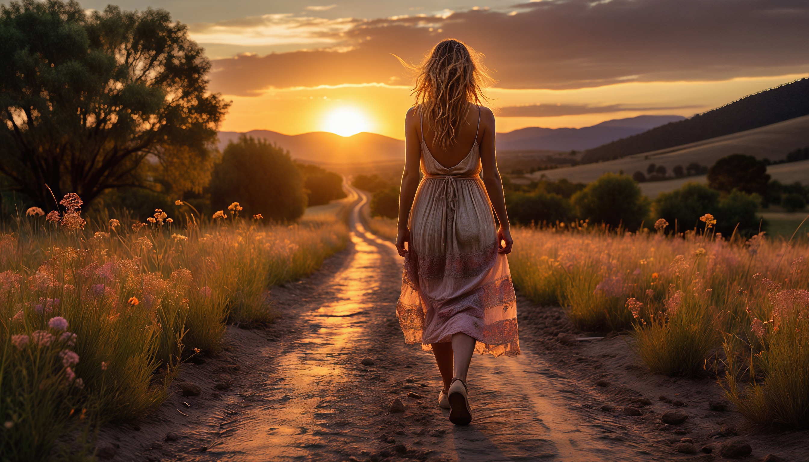 Девушка в лёгком платье уходит вдаль по просёлочной дороге на закате.