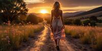 Девушка в лёгком платье уходит вдаль по просёлочной дороге на закате.