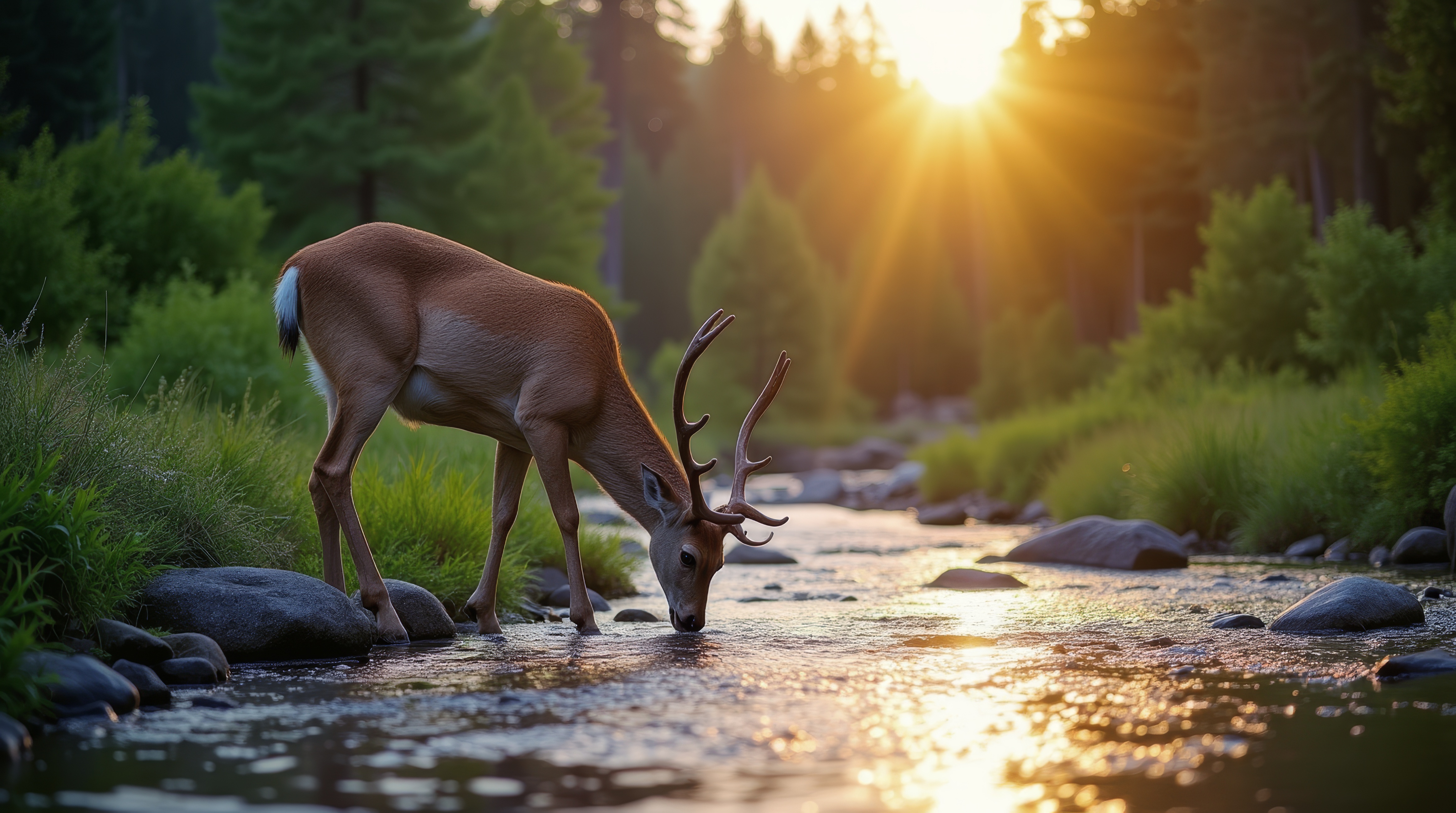 Бесплатное фото Олень, стоящий на вершине реки рядом с лесом