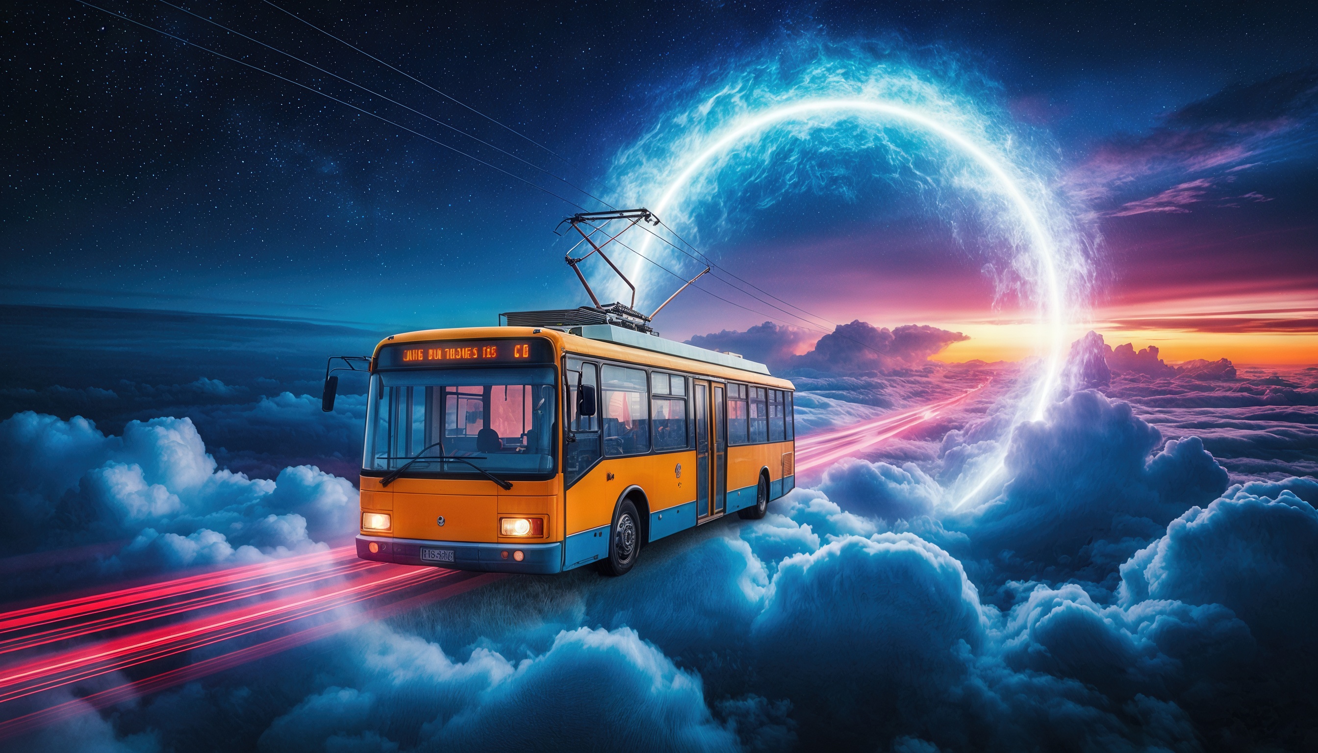 Бесплатное фото Троллейбус в облаках проезжает через портал, оставляя световые следы.