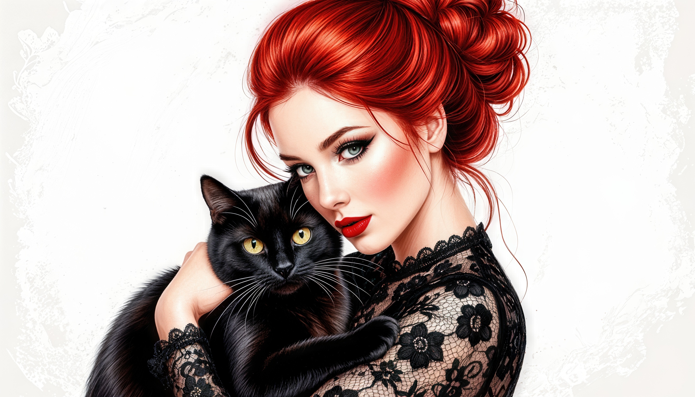 Бесплатное фото Женщина с красными волосами и чёрным котом на светлом фоне.