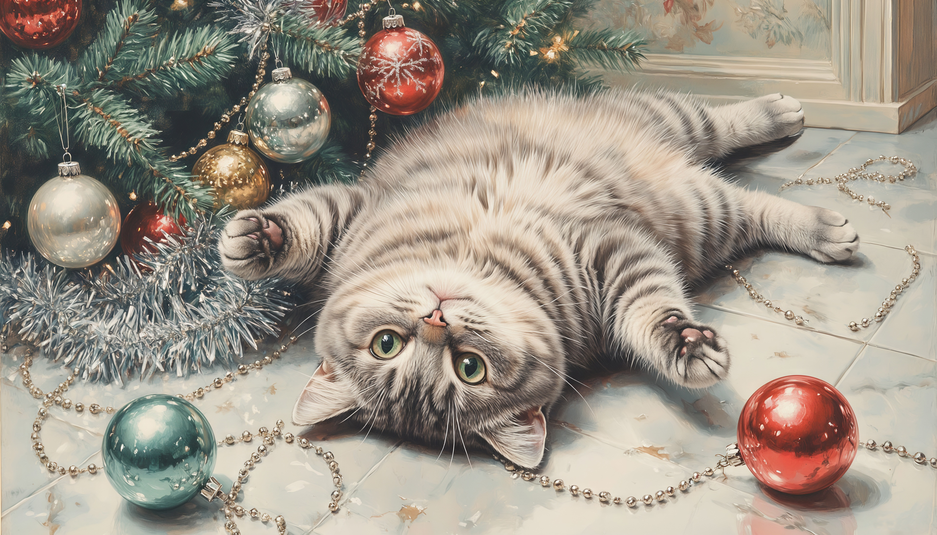 Полосатый кот развалился возле украшенной ёлки.