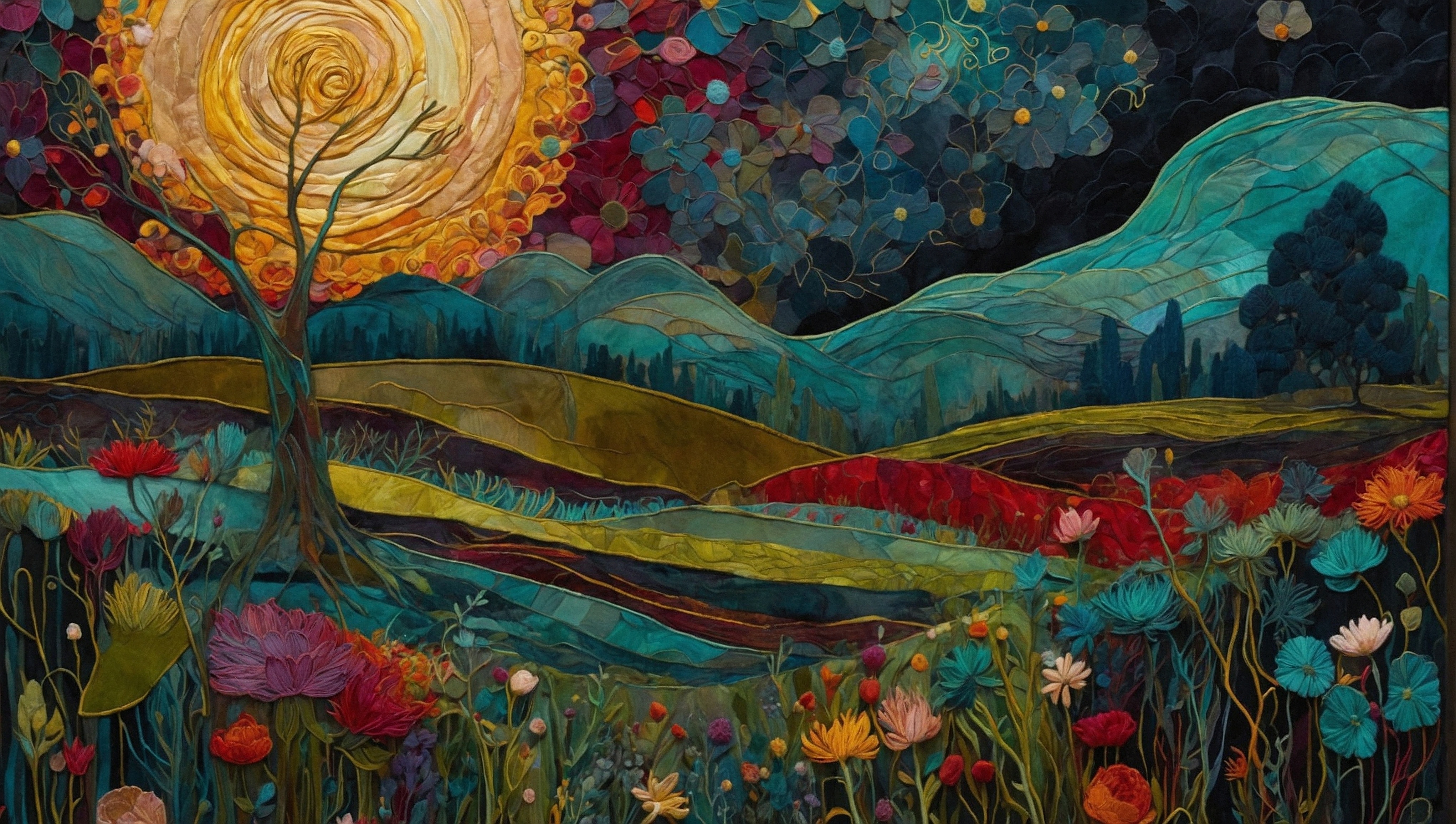 免费照片这幅画描绘了一幅色彩斑斓的场景，前景是山峦、花朵和树木。