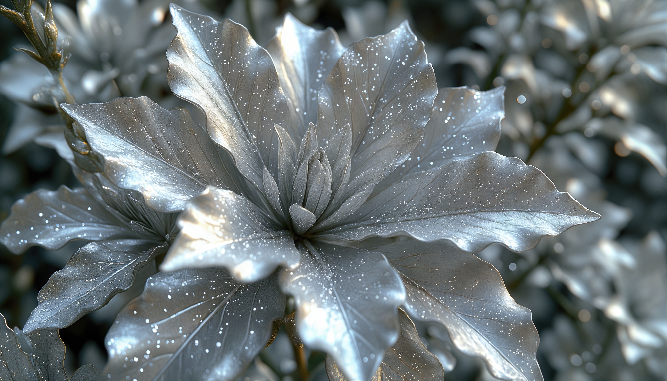 Бесплатное фото Серебристый цветок с каплями воды на лепестках, создающий эффект свежести и натуральности.