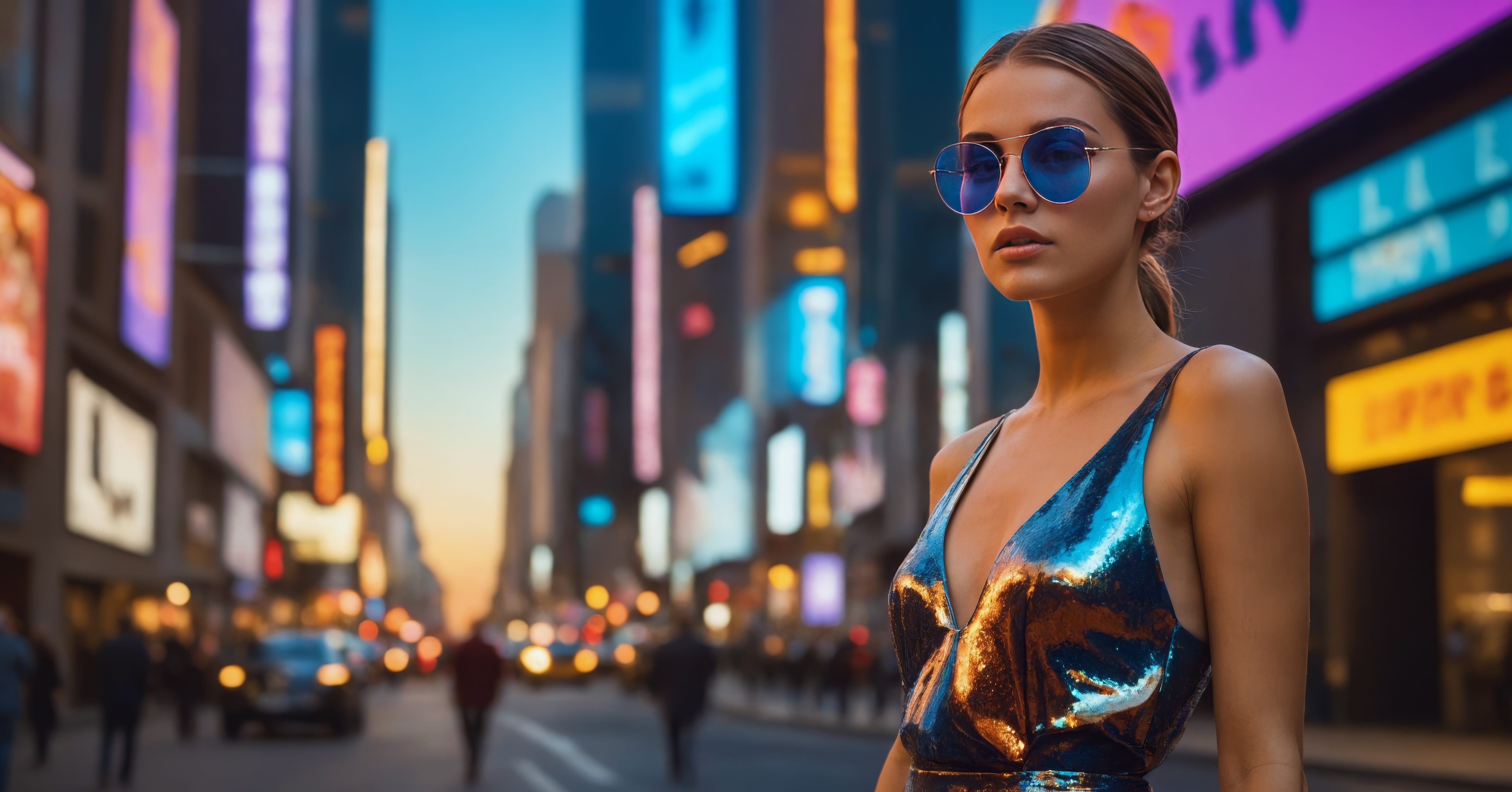 The woman is wearing sunglasses and standing in the street