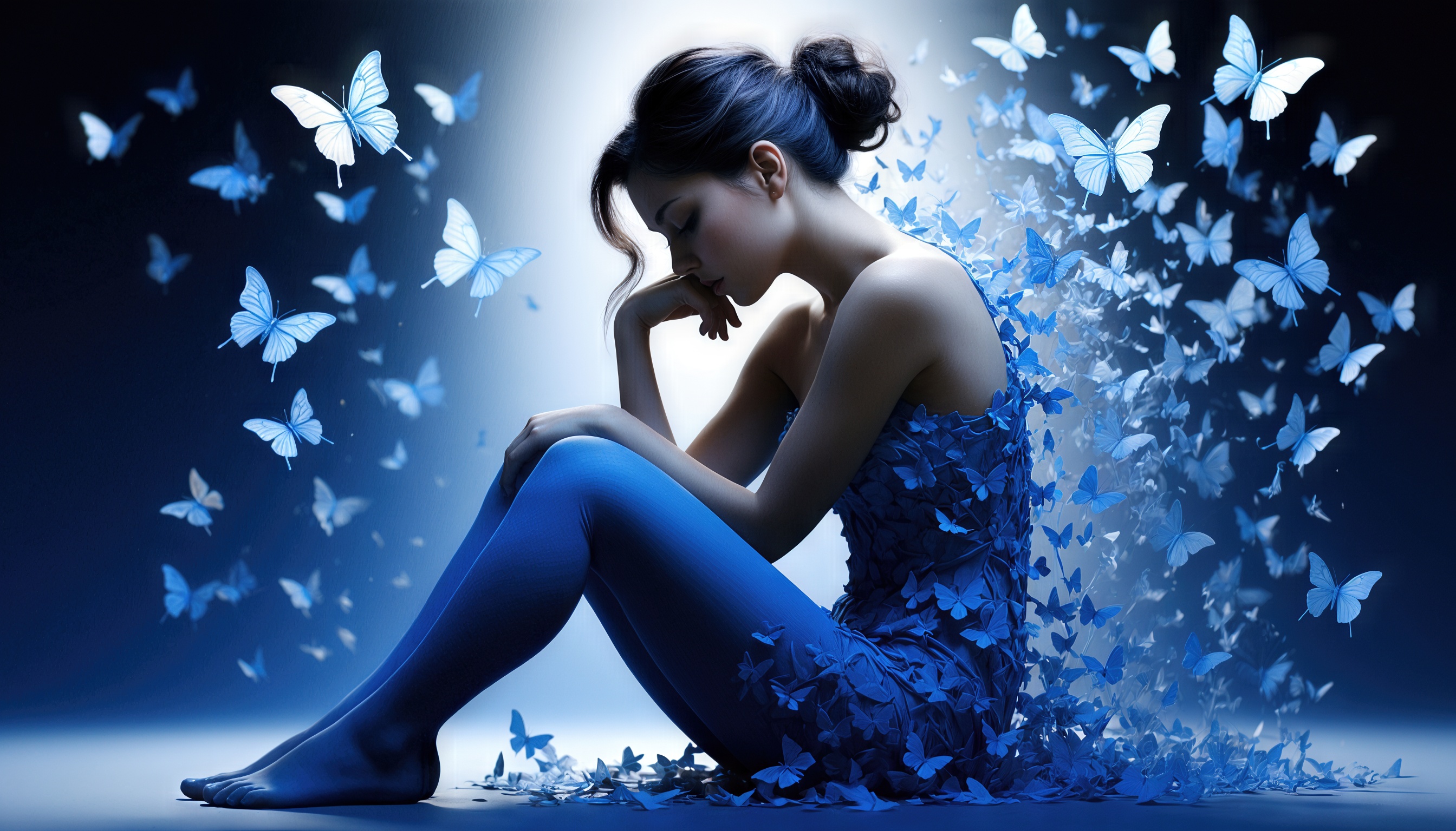 Девушка в синем сидит на полу, окружённая бабочками, создавая атмосферу волшебства и трансформации.