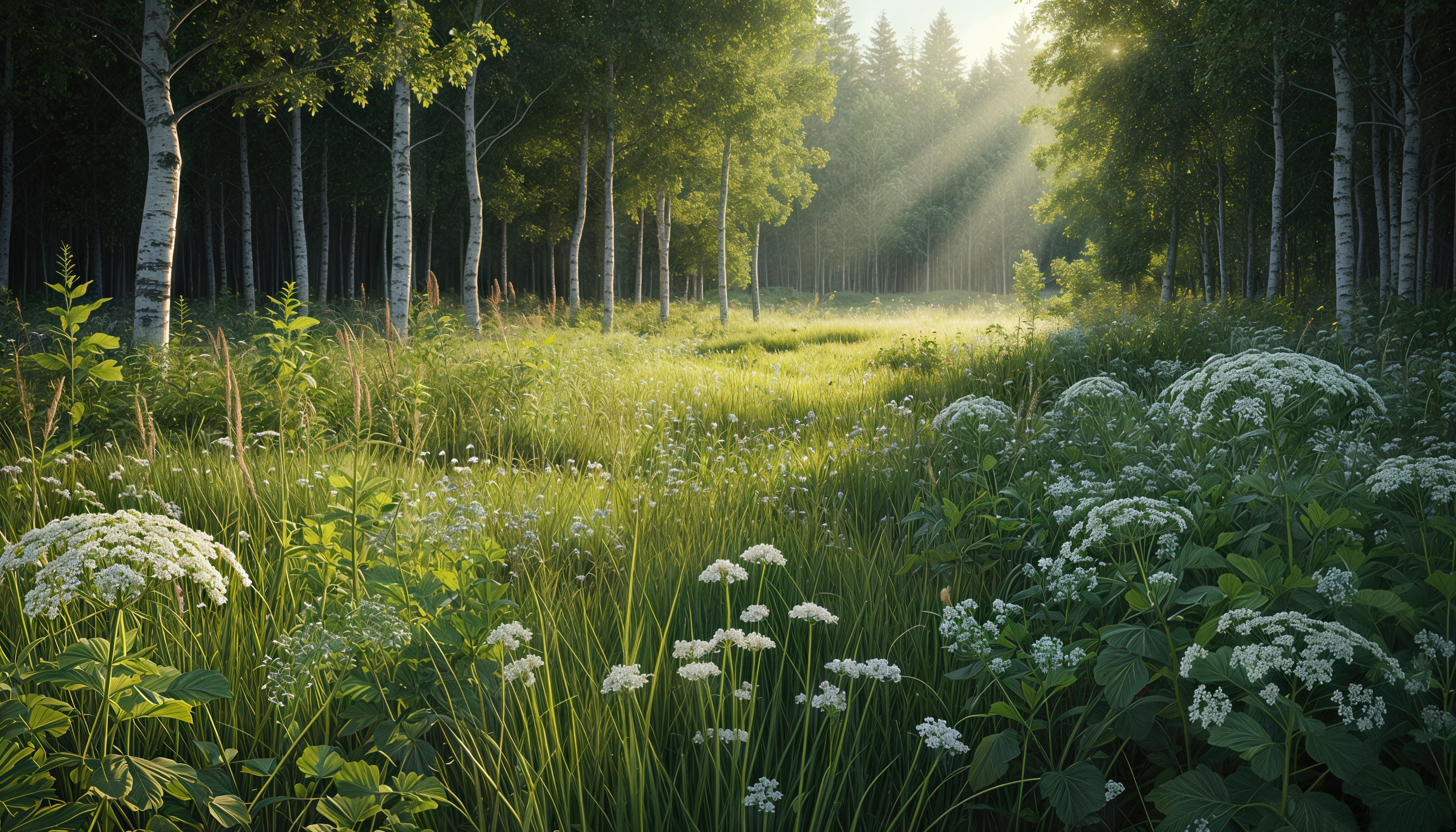 Лесной пейзаж с березами и полевыми цветами, освещенный солнечными лучами.