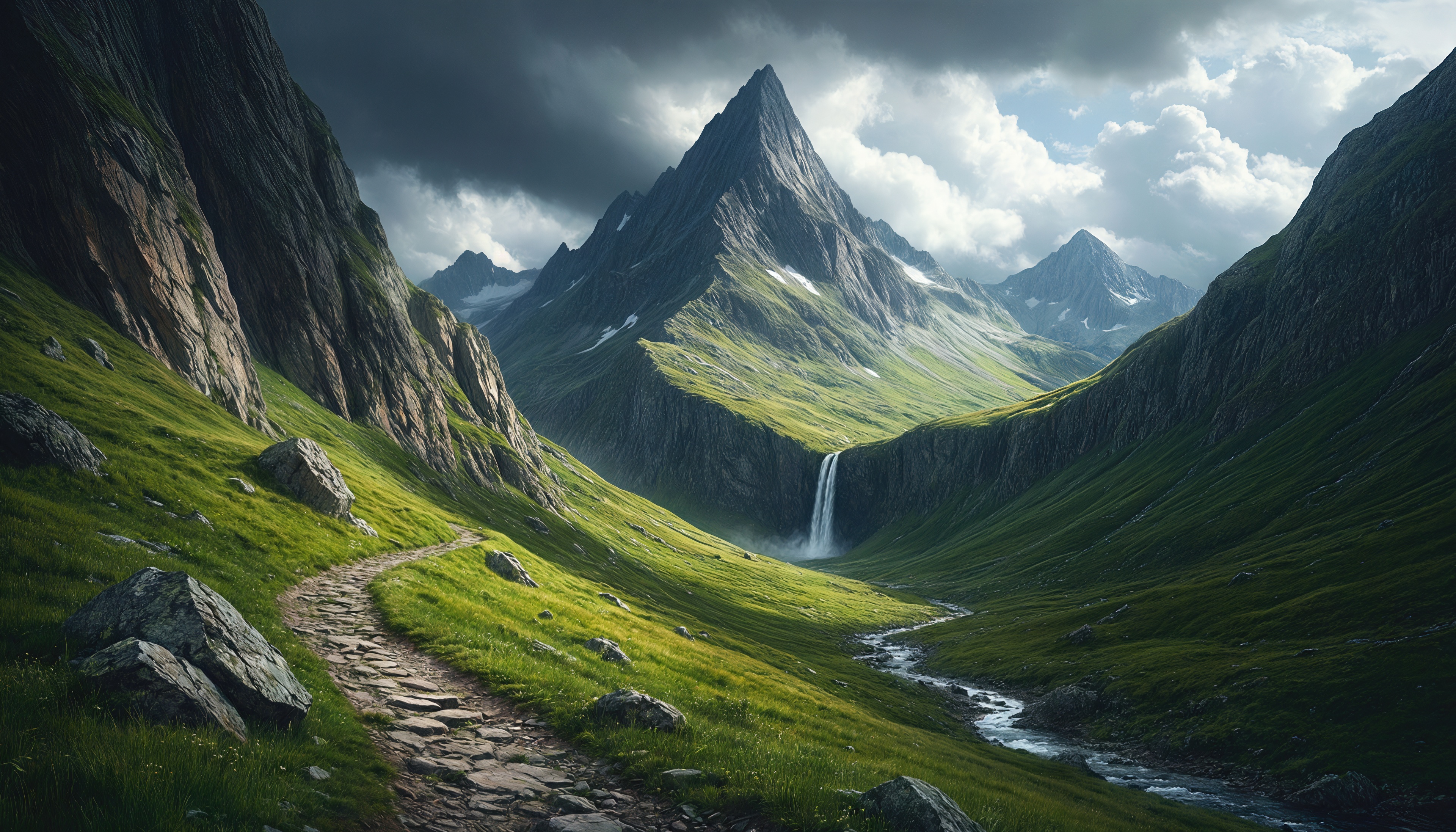 Free photo Majestic mountains frame the valley with a waterfall and a winding path.