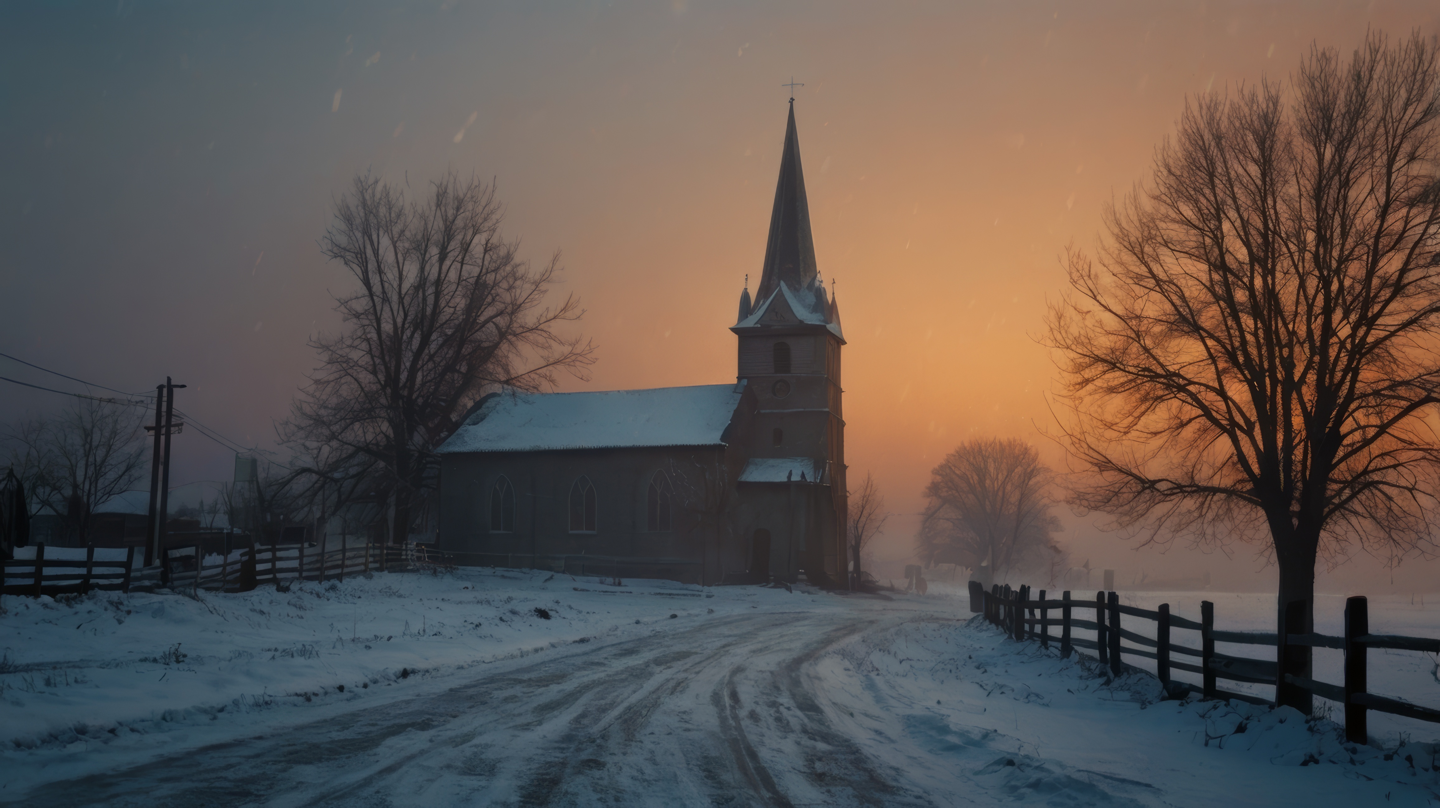 Бесплатное фото Церковь покрыта снегом на закате