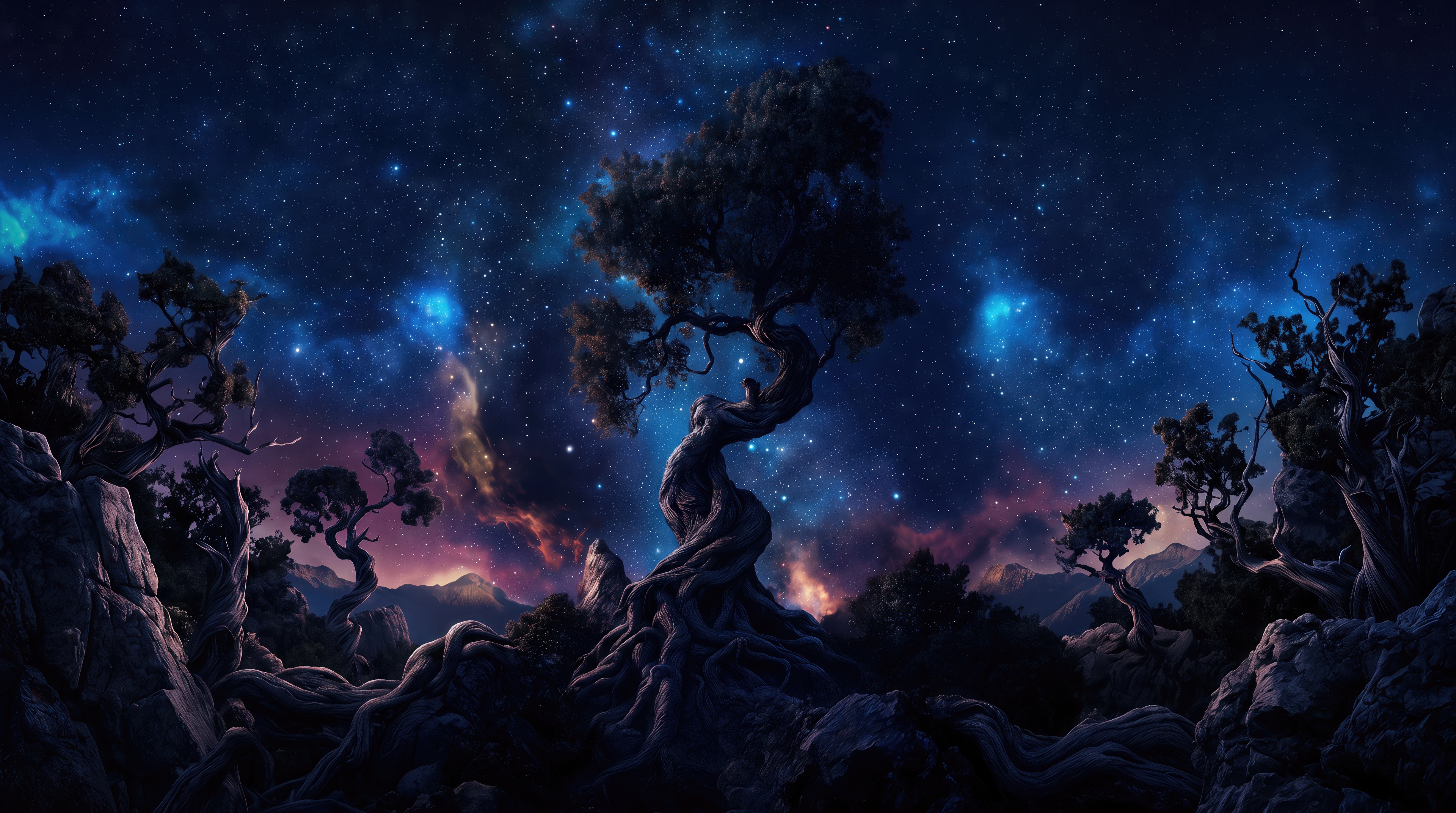 免费照片一棵古老的宇宙树已经在银河系闪耀的星空下的岩石中传播了它的根。