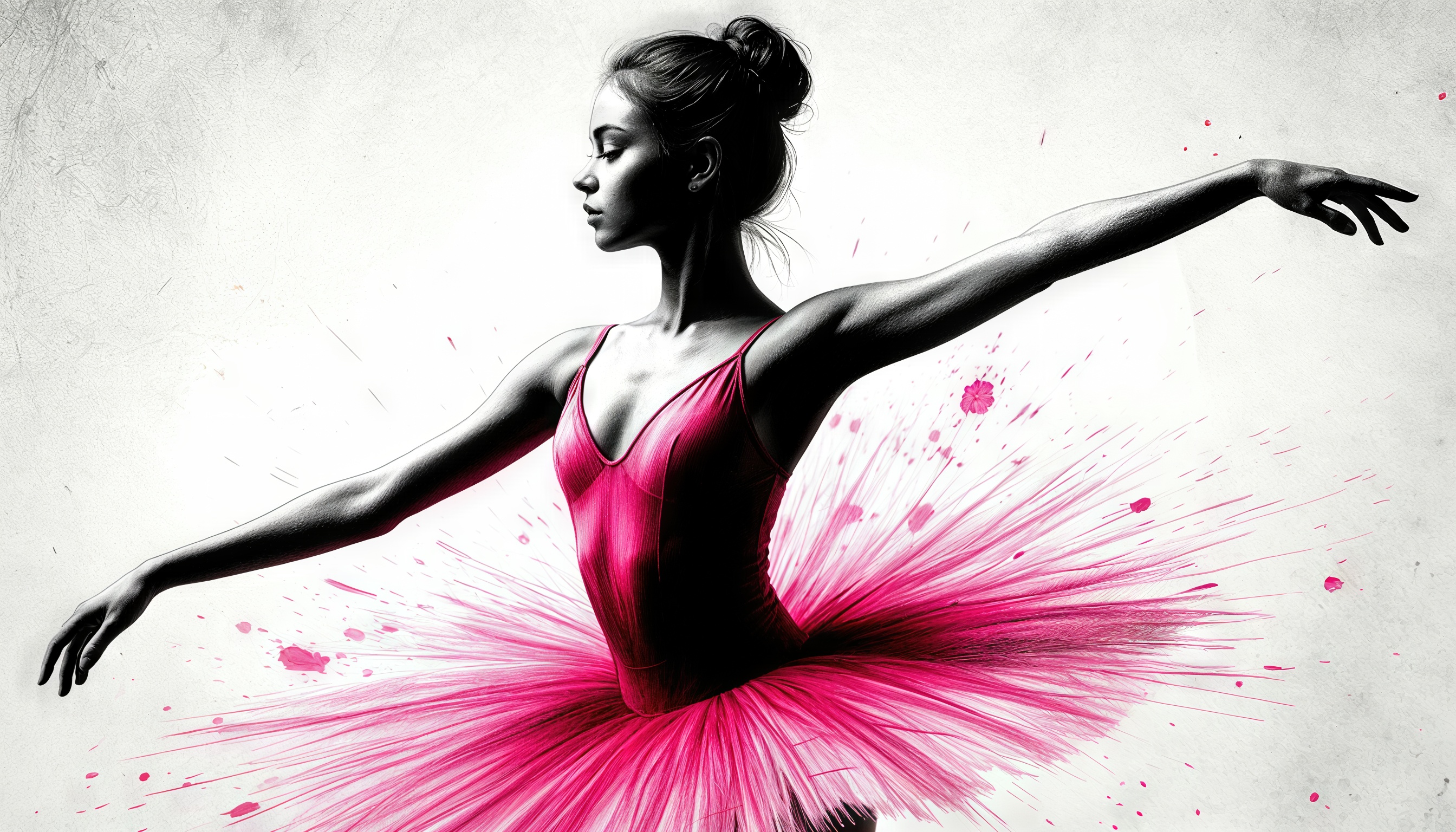 Балерина в красном пачке на фоне с розовыми брызгами.