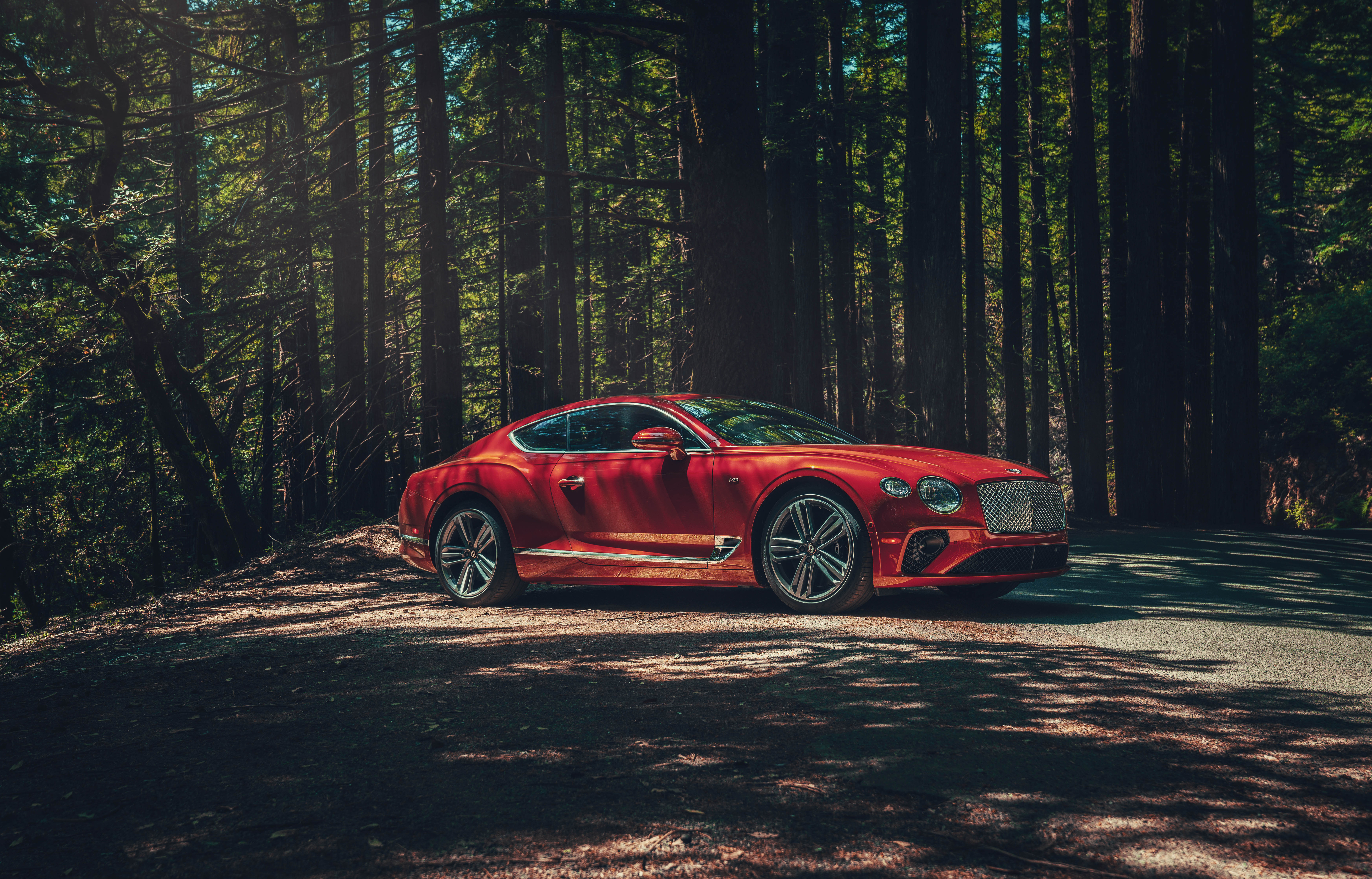 Бесплатное фото Bentley Continental GT 2020 года красного цвета среди хвойных деревьев