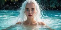 Девушка в воде, сияющая белоснежными волосами и каплями воды.