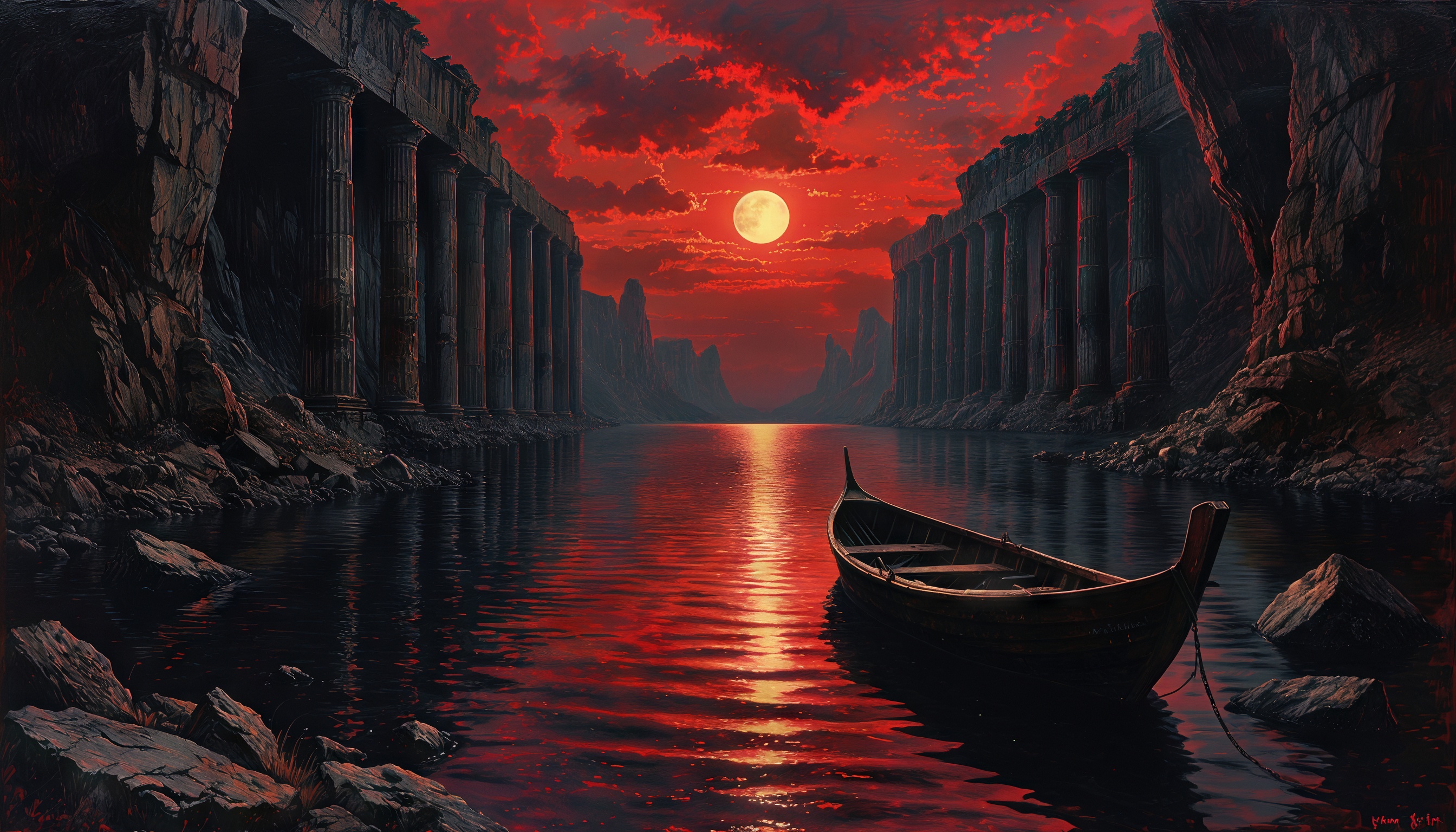 Бесплатное фото Лодка дремлет в багряном зеркале воды, меж руин колоннад, под тревожным светом полной луны.