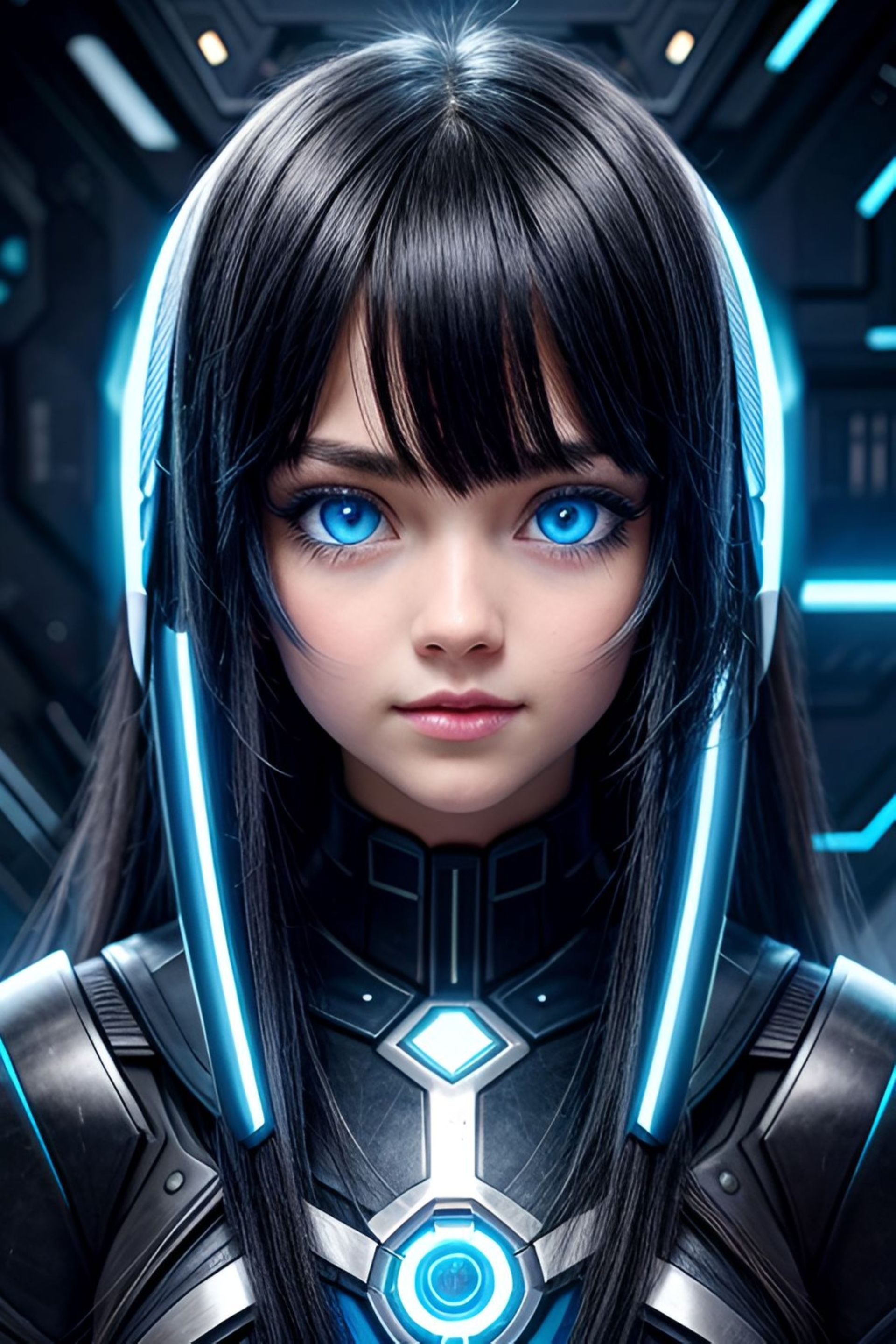 A girl, cyborg, with blue eyes, wearing power armor.