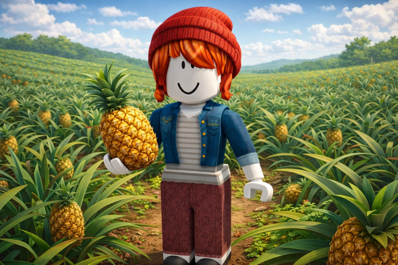 Бесплатная открытка Персонаж из Роблокс держит ананас.