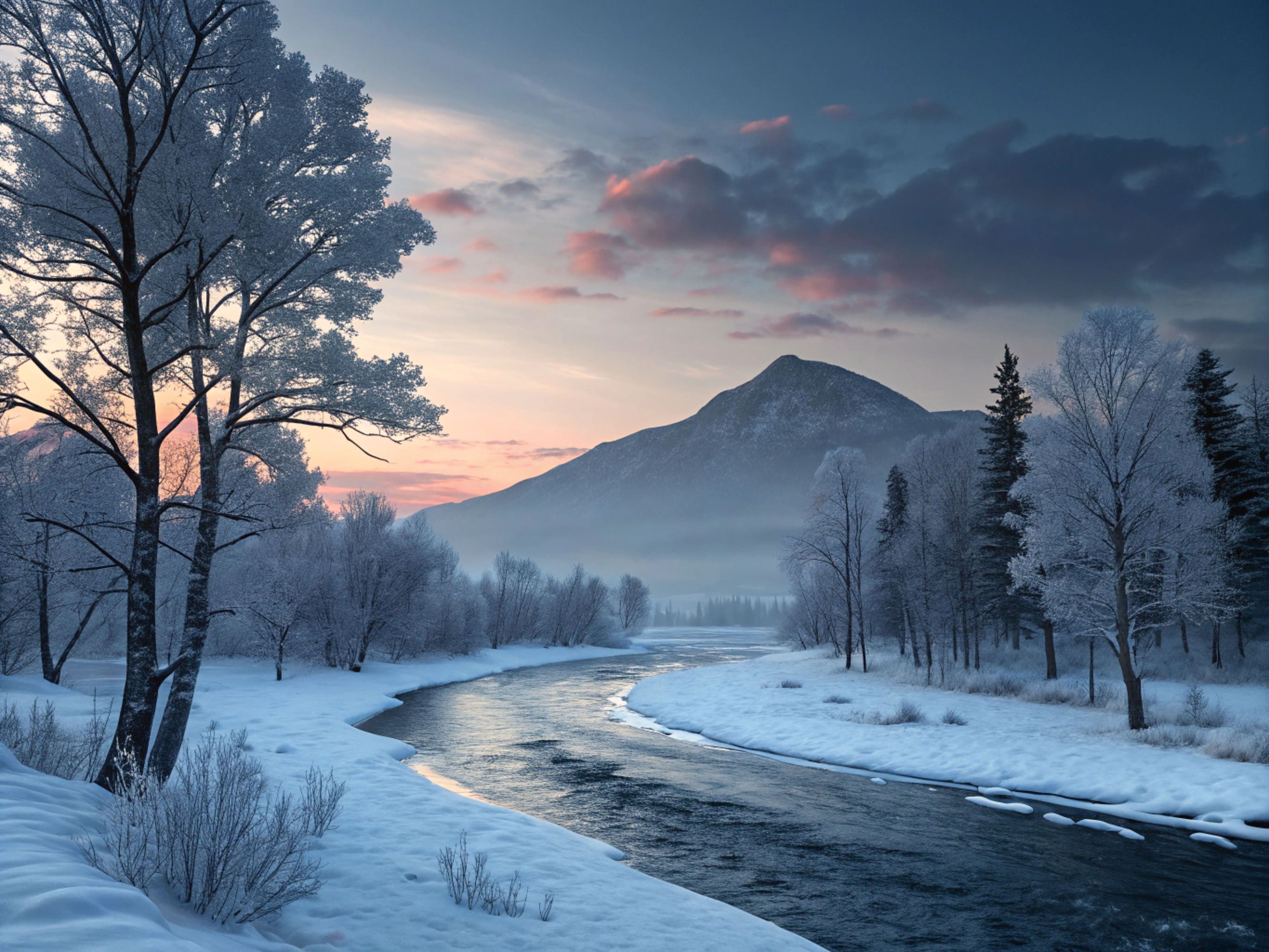 Бесплатное фото Зимнее морозное утро над рекой в сибири