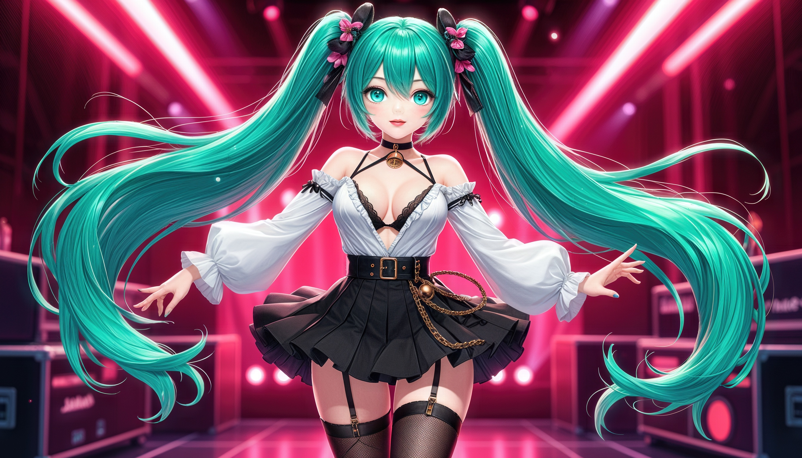 Аниме девушка Хацунэ Мику стоит на сцене с красными софитами на заднем фоне.