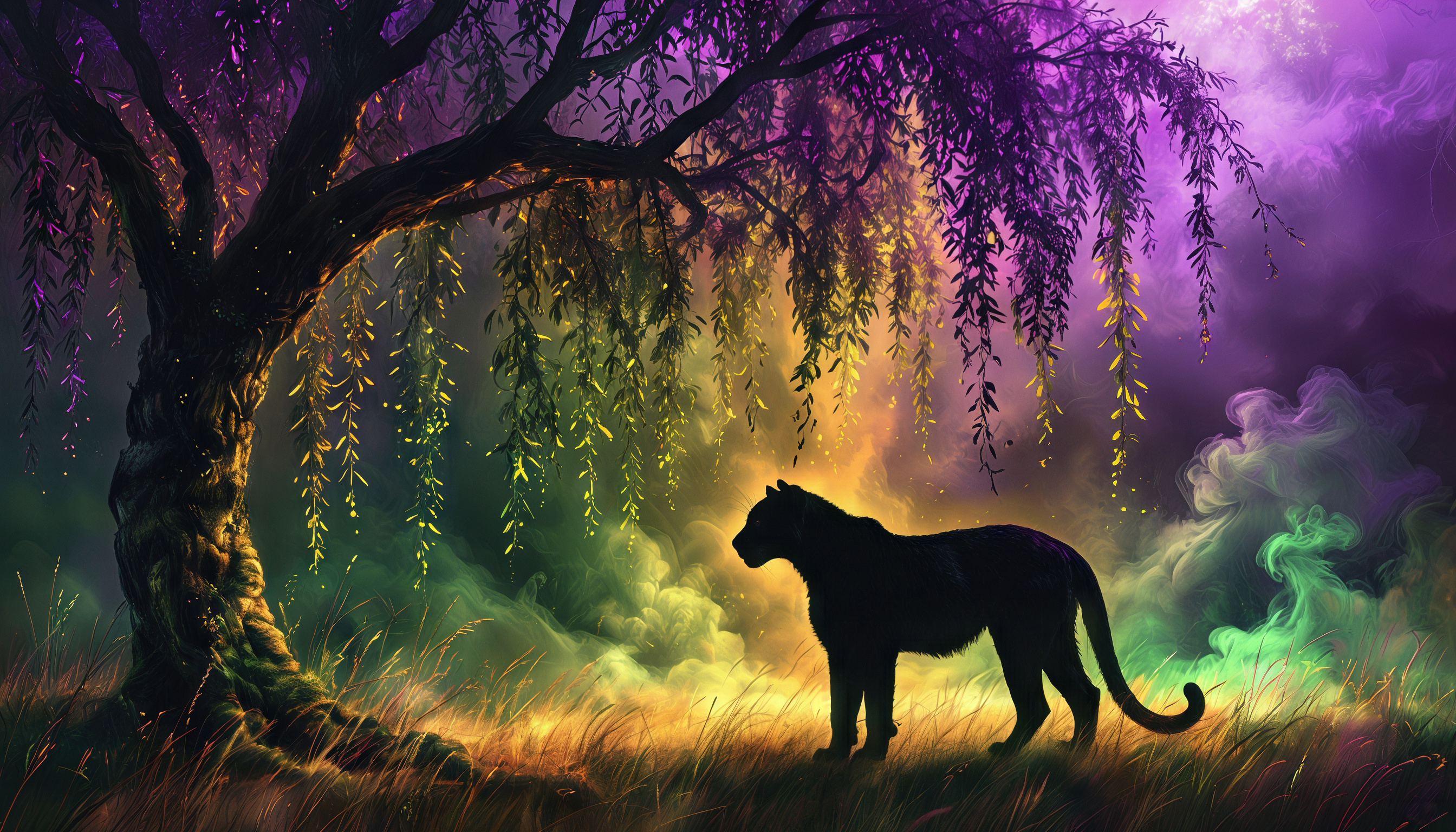 Бесплатное фото Силуэт пантеры на фоне волшебного леса с мистическими деревьями и светящимися частицами.