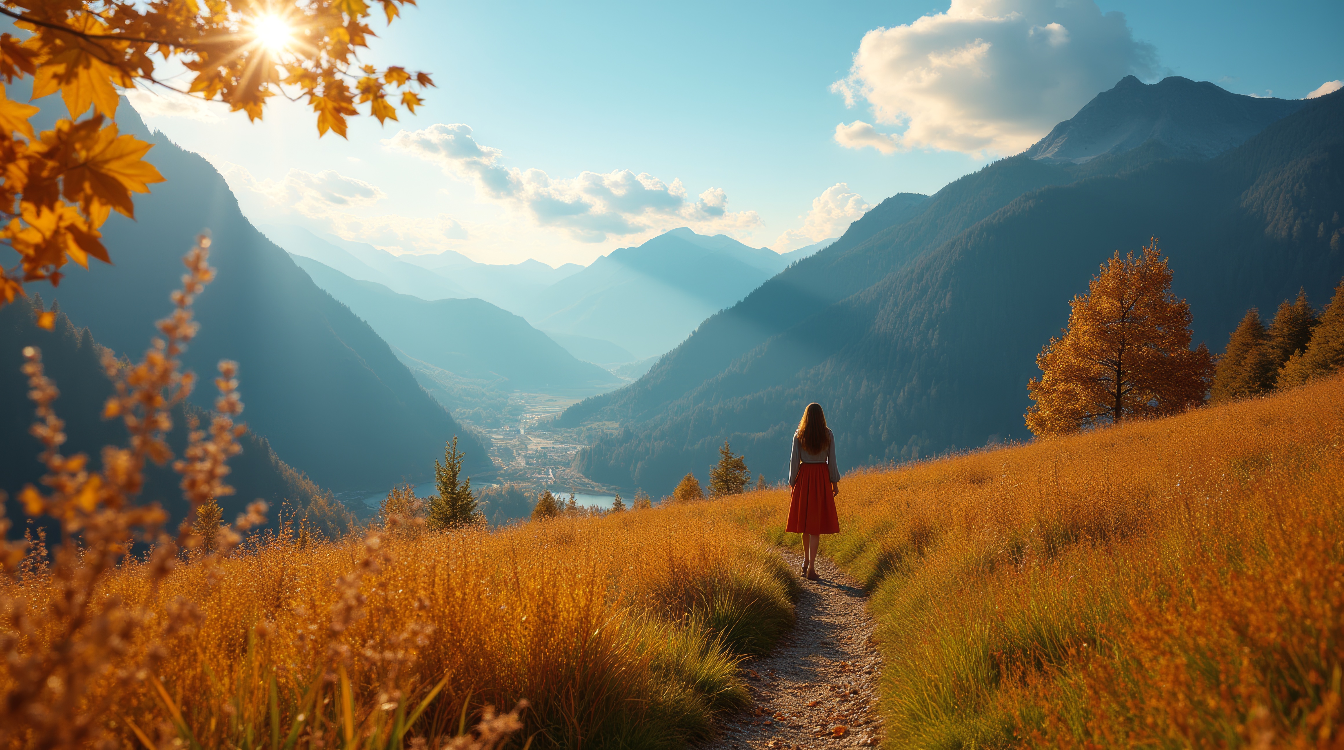 Бесплатное фото Девушка идет по осеннему полю