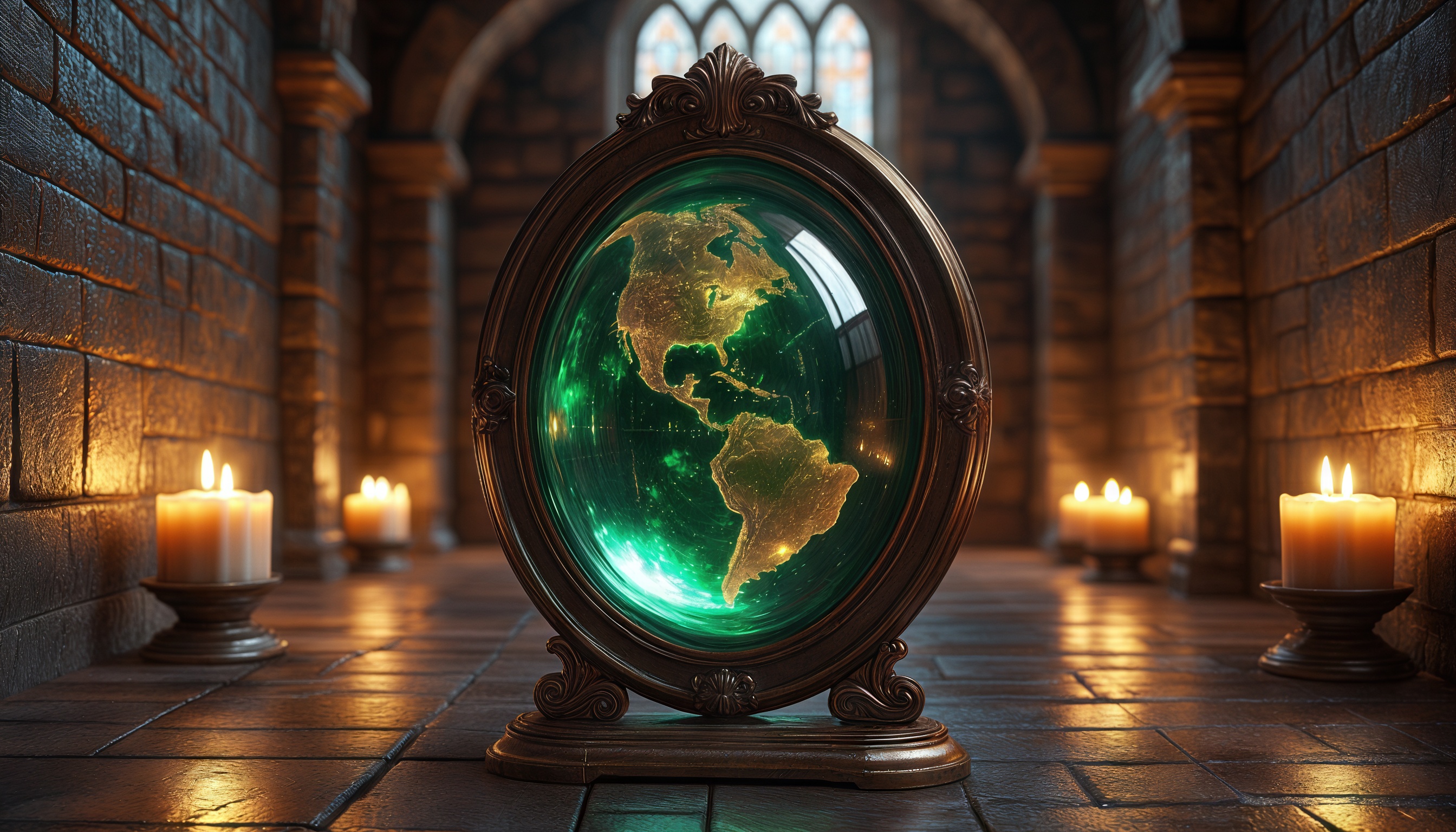 Бесплатное фото Интерьер с глобусом и свечами в средневековом стиле, создающий атмосферу уюта и таинственности.