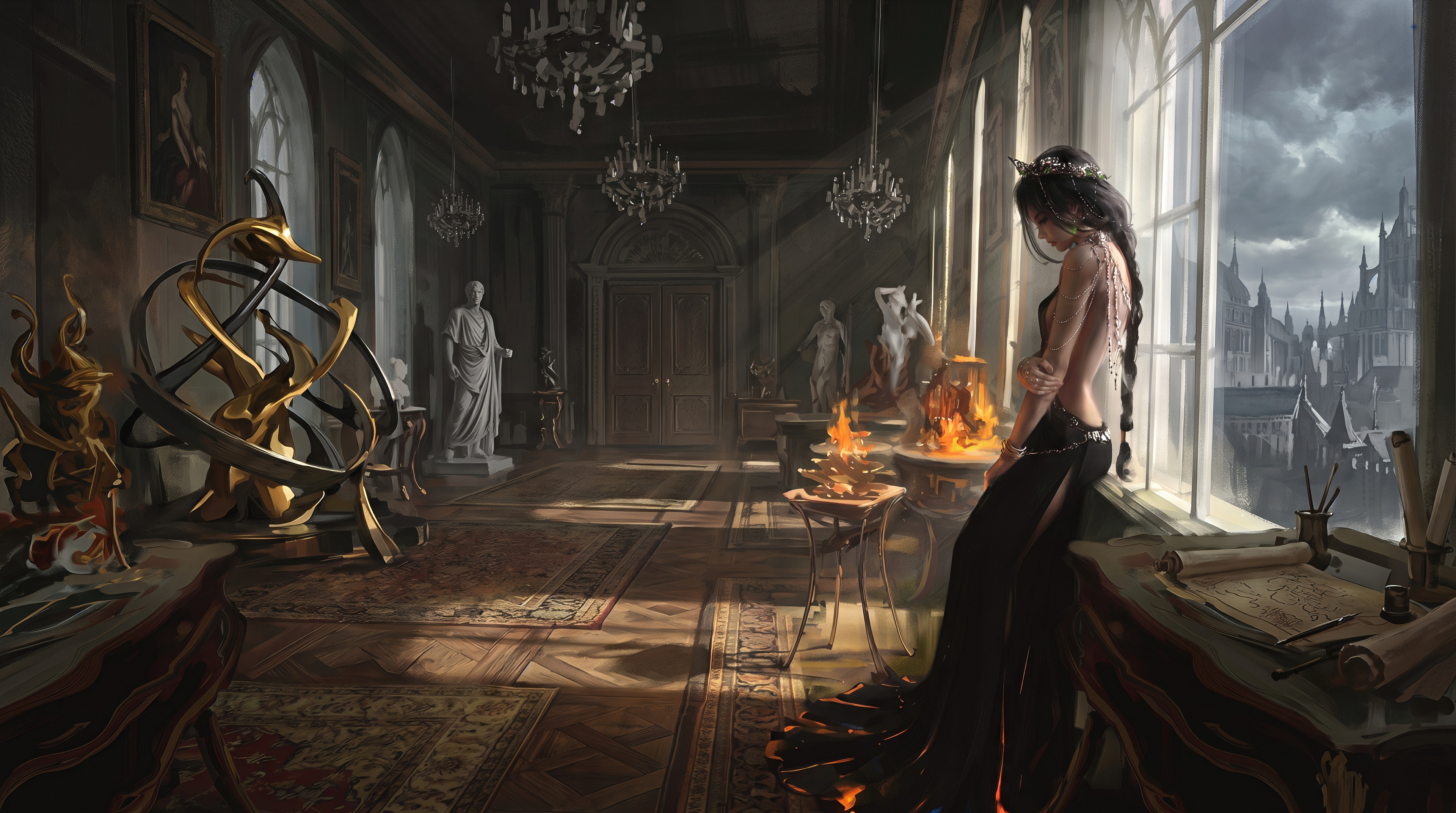 Princess Xuan Ji from the Ghost Sword in a revealing black dress with an open back at the window of a Gothic castle.