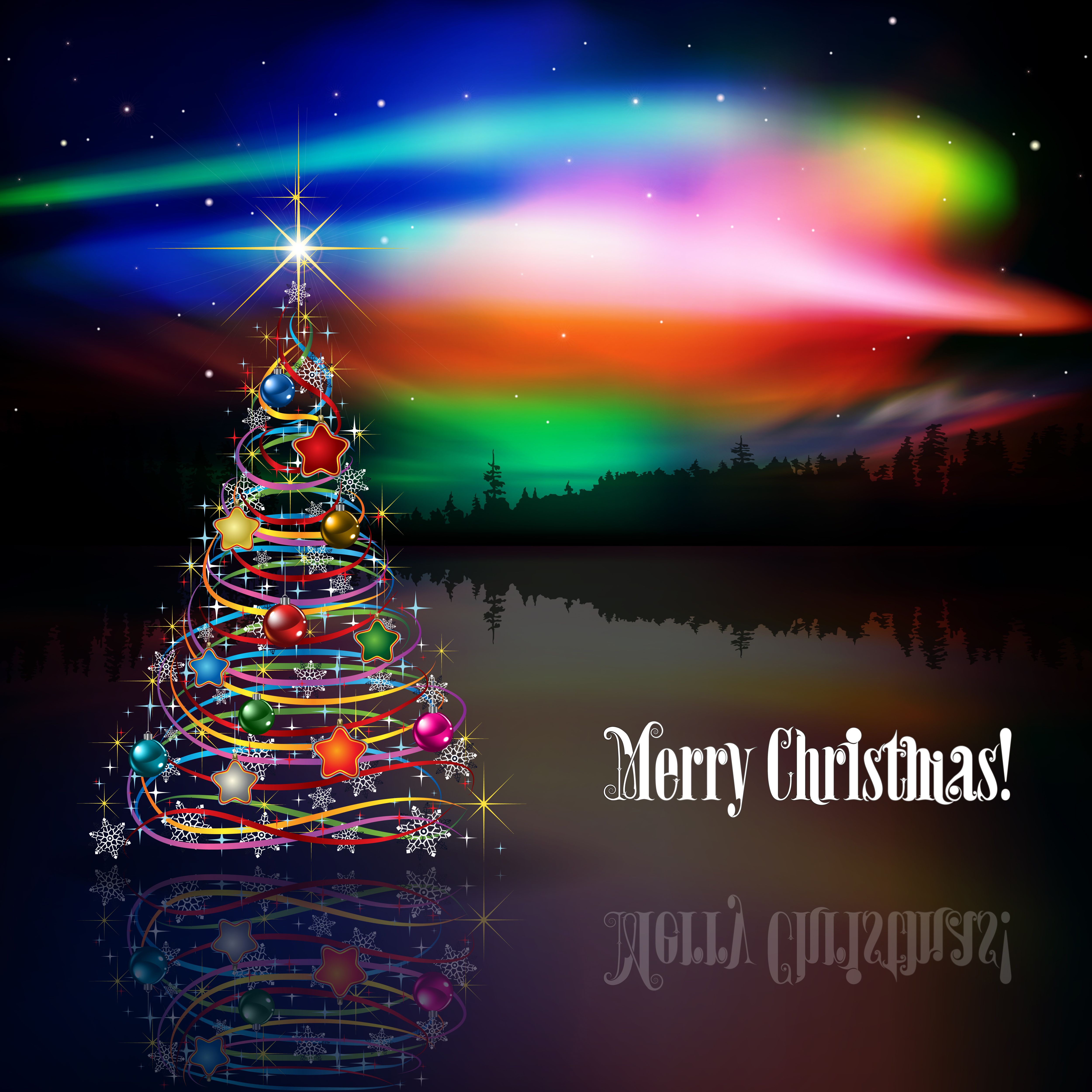 Free photo New Year`s northern lights with a Christmas tree