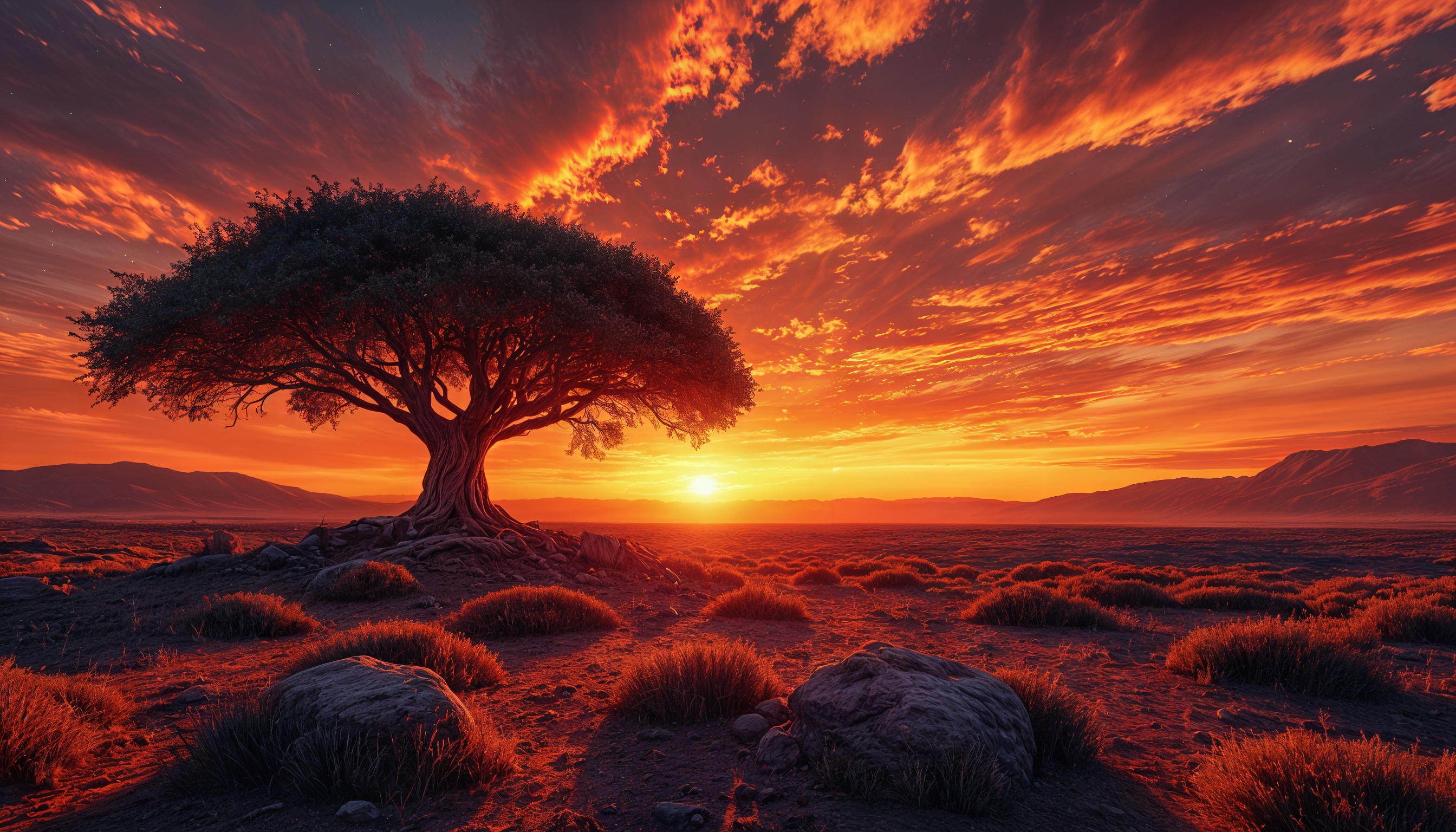 Бесплатное фото Закат в пустыне с деревом на переднем плане, создающий атмосферу спокойствия и умиротворения.