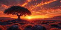 Закат в пустыне с деревом на переднем плане, создающий атмосферу спокойствия и умиротворения.