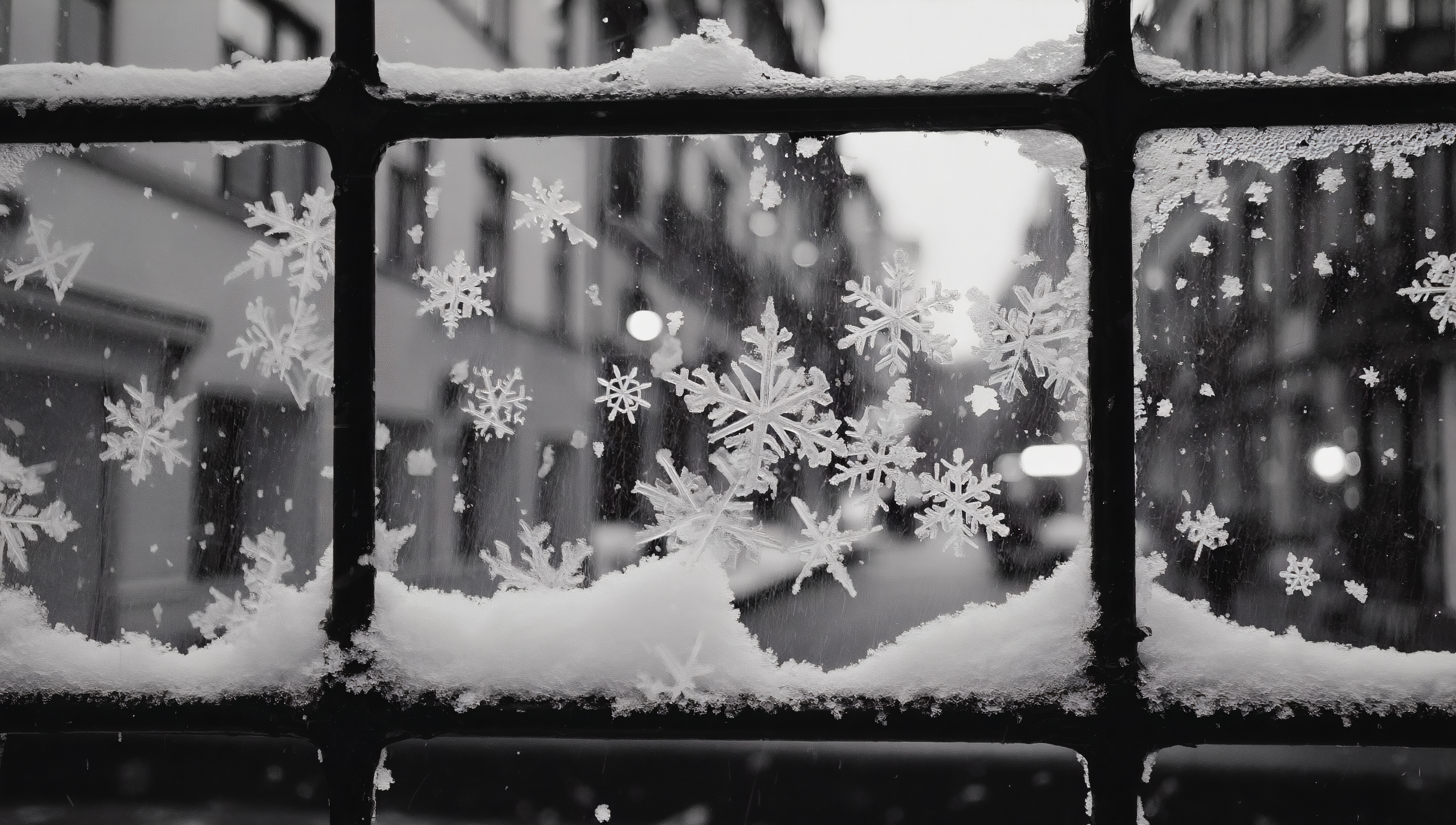 黑白的冬天，玻璃上的雪花。