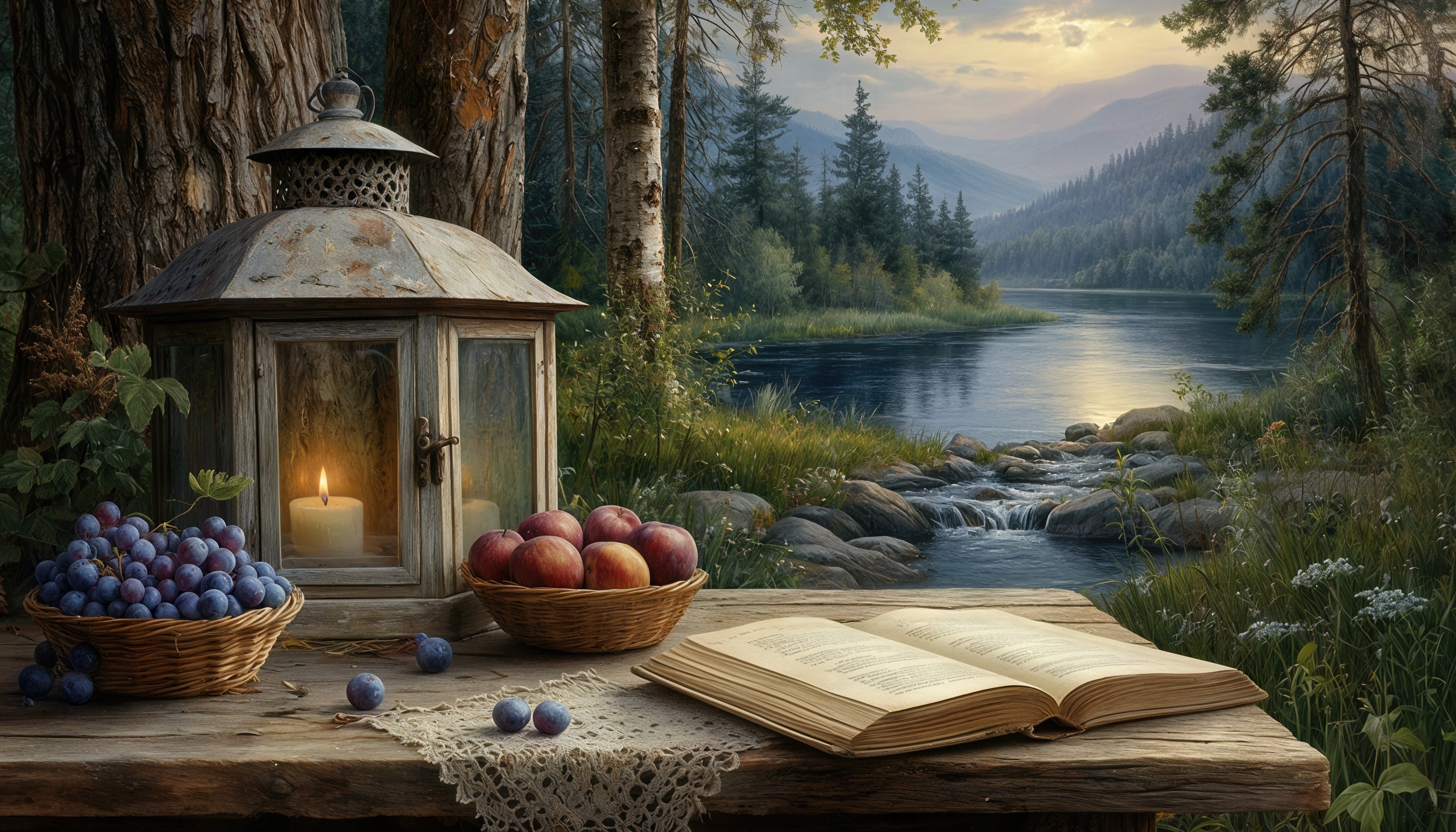 Бесплатное фото Натюрморт у реки: фонарь, фрукты, книга на деревянном столе.