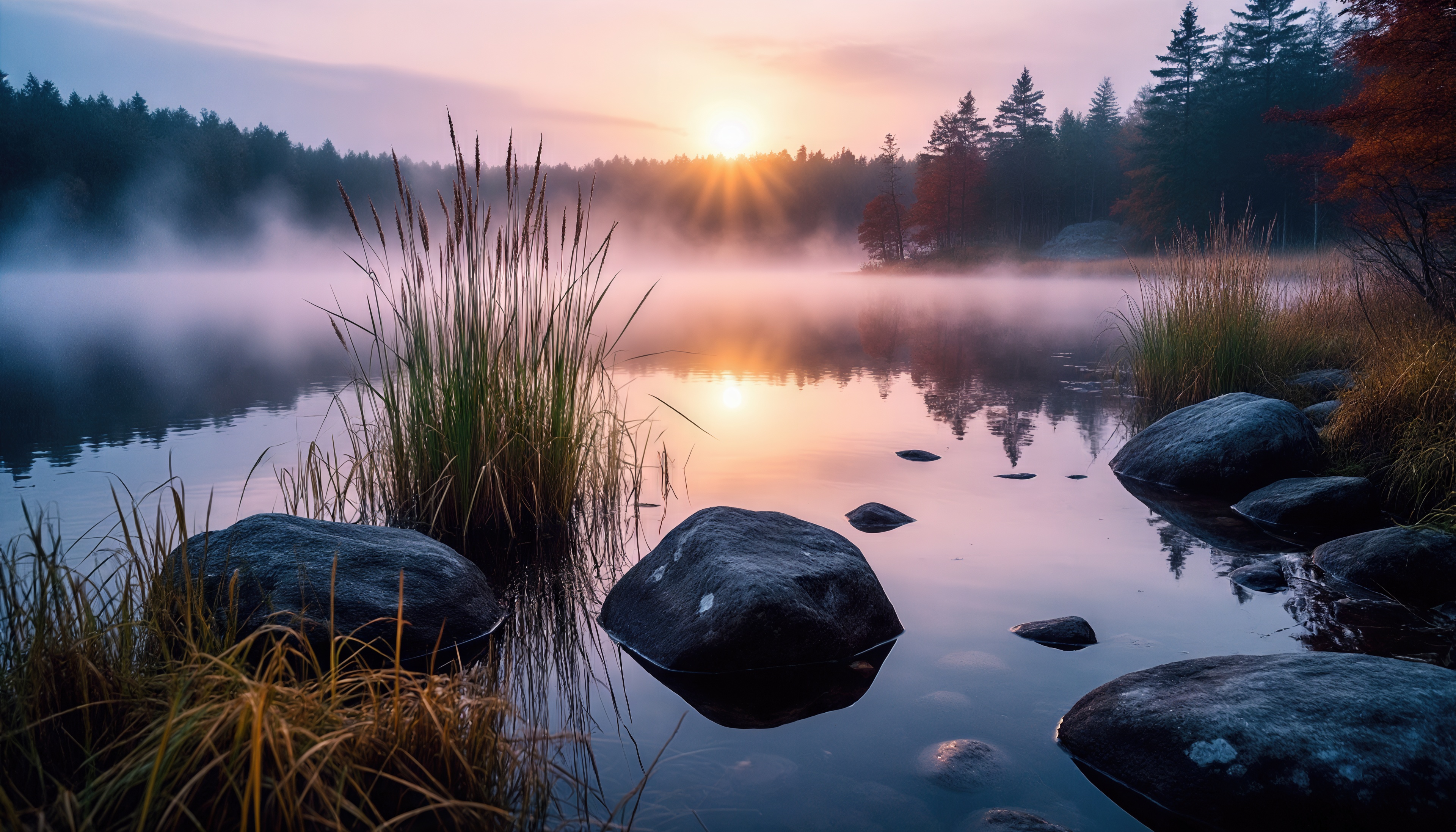 Бесплатное фото Туманное утро у лесного озера: камни, трава и золотые лучи рассвета.