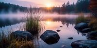 Туманное утро у лесного озера: камни, трава и золотые лучи рассвета.