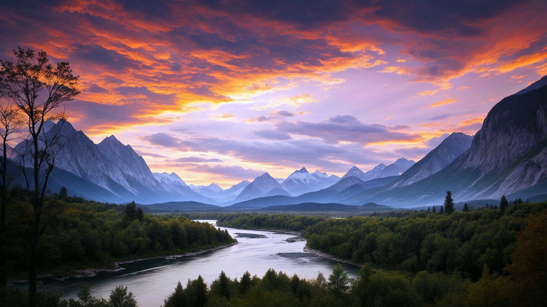 Free photo Forest and river against the background of mountains and sky