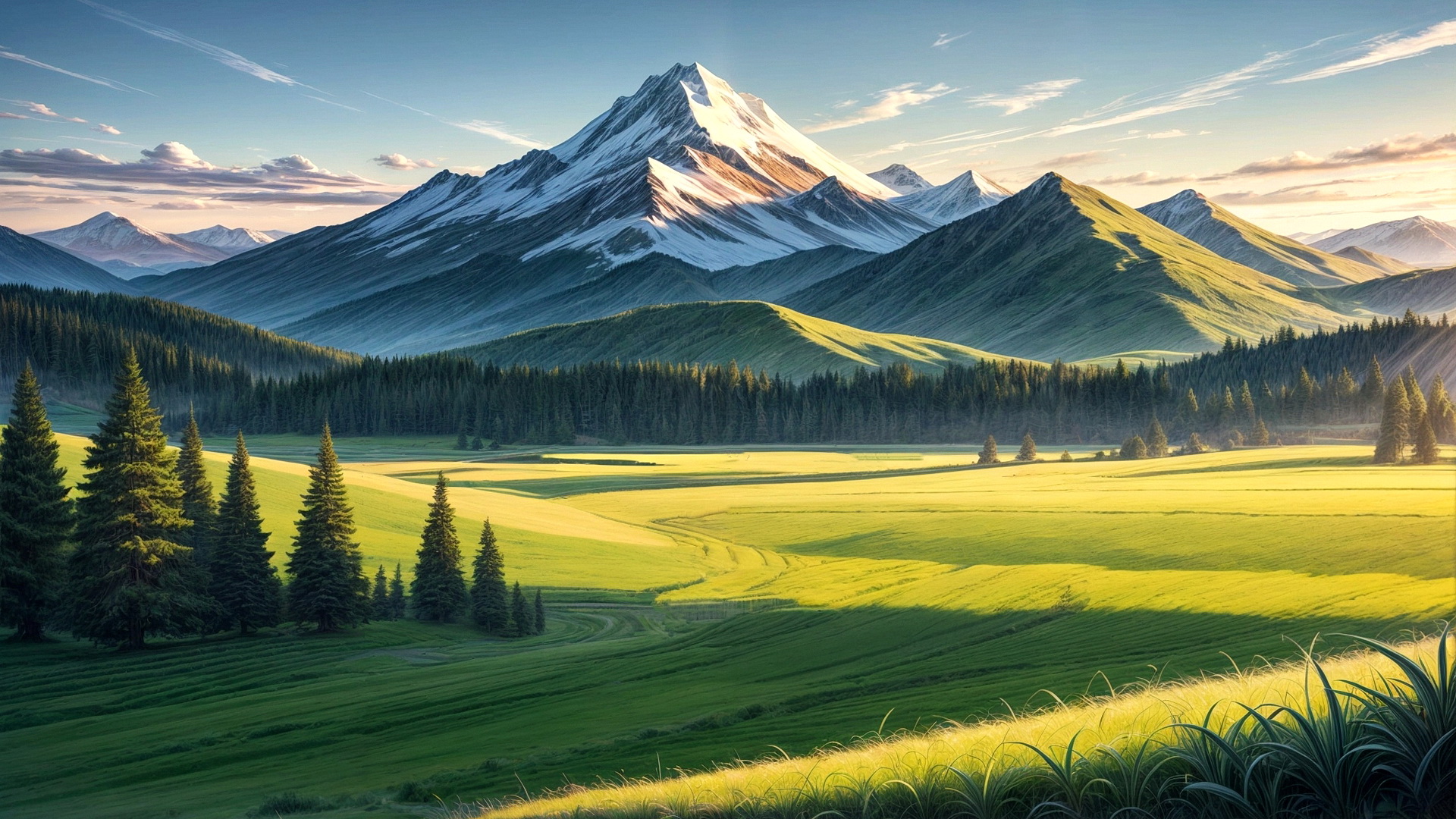 Бесплатное фото Утренний пейзаж поля и горы на заднем плане